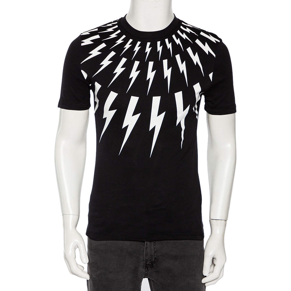 Pre Owned Neil Barrett Black Thunderbolt Print Cotton Jersey Slim Fit T-Shirt S