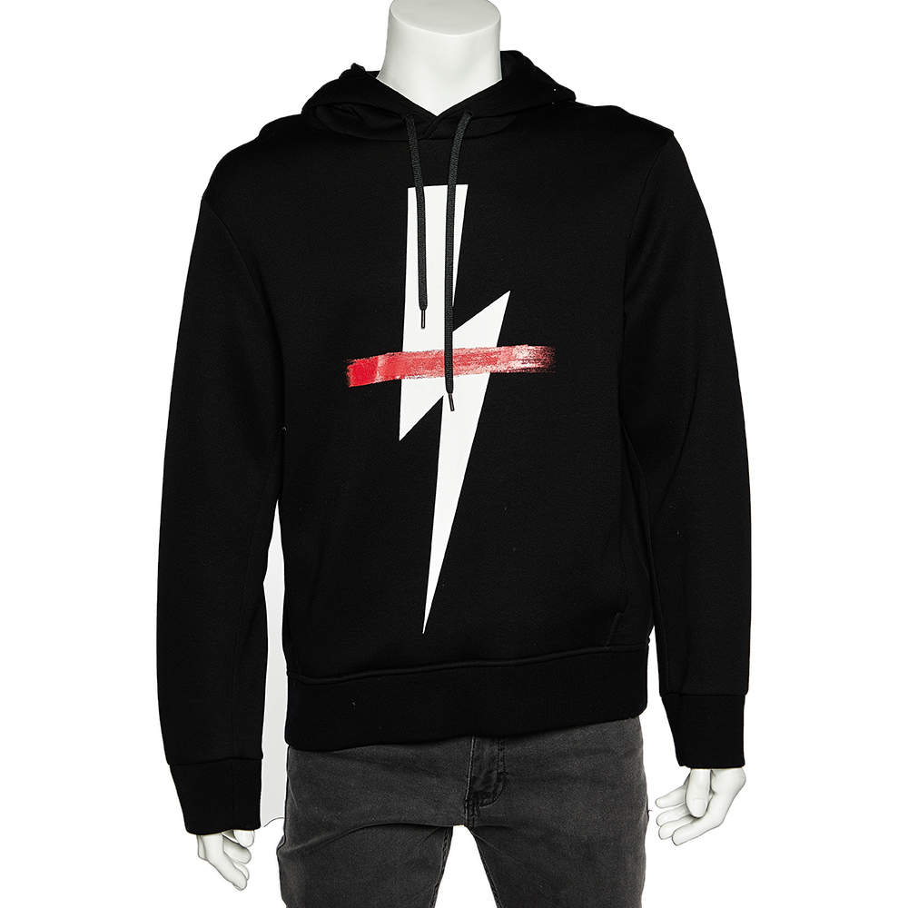 مملوكة مسبقًا Neil Barrett Black Crossed Out Bolt Printed Knit Hooded Sweatshirt L