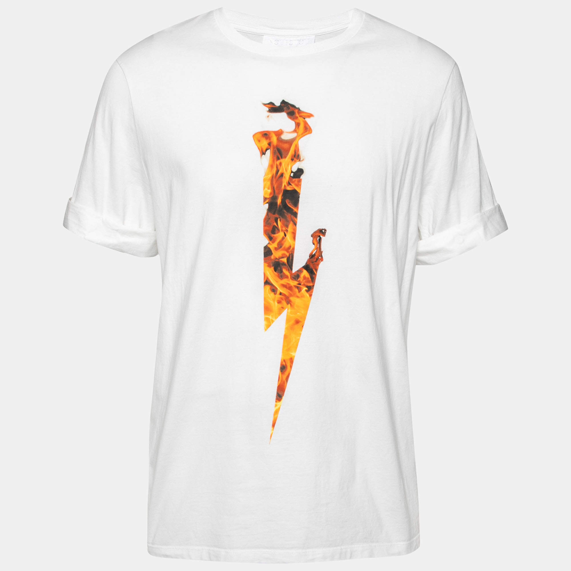Pre Owned Neil Barrett White Cotton Thunderbolt Printed Crew Neck T-Shirt XL