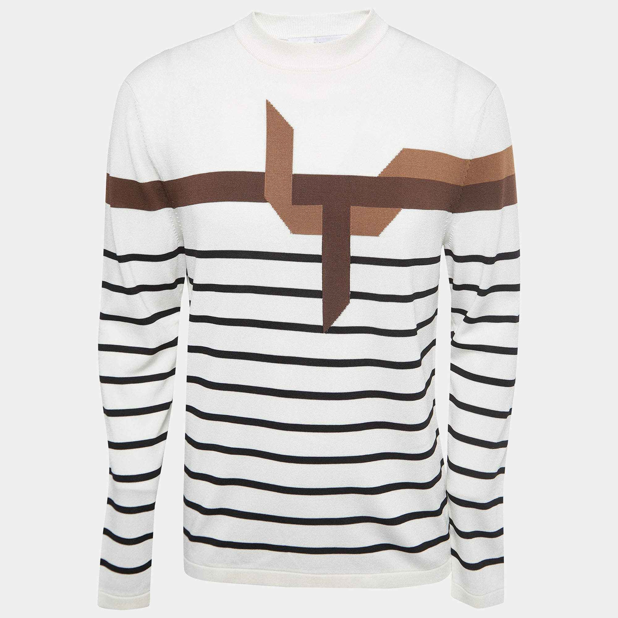 مملوكة مسبقًا Neil Barrett Off White Striped Knit Crew Neck Slim Fit Pullover L