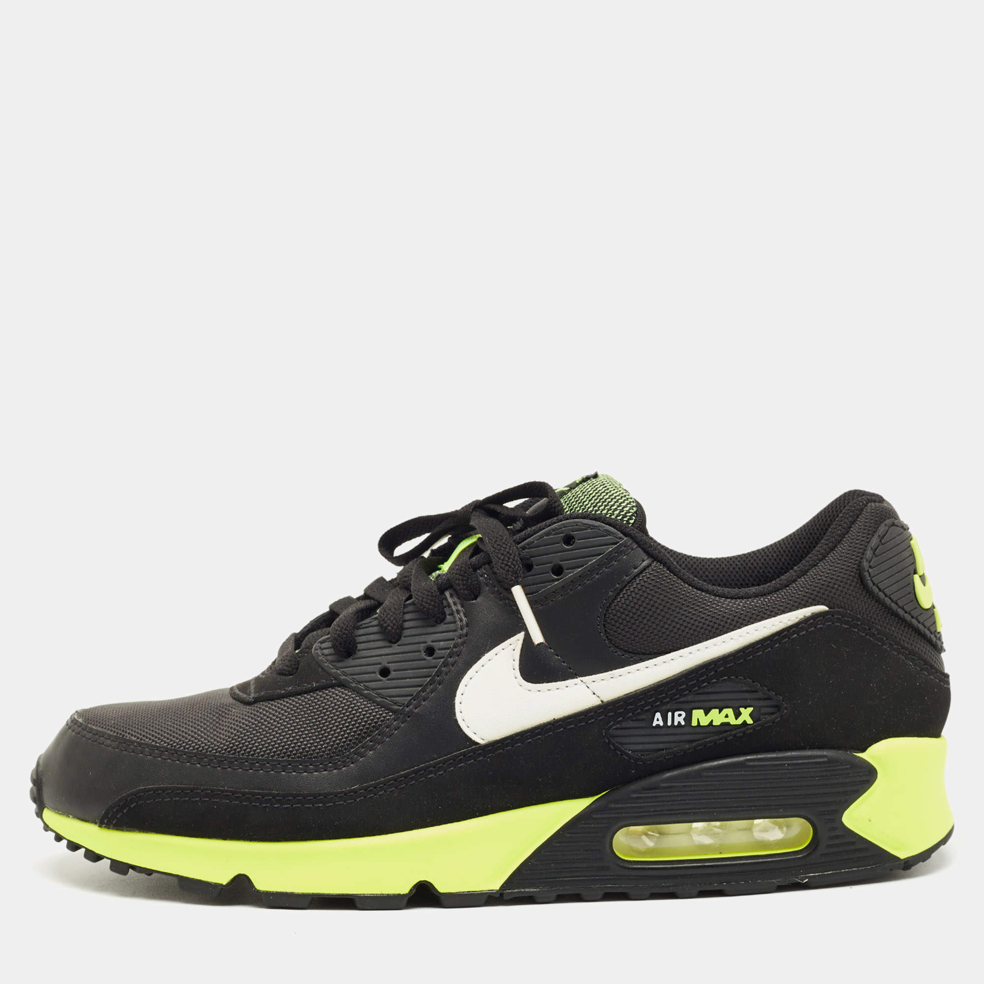 Pre Owned Air Jordans Black Canvas and Nubuck Leather Air Max 90 Black Hot Lime Sneakers Size 45.5