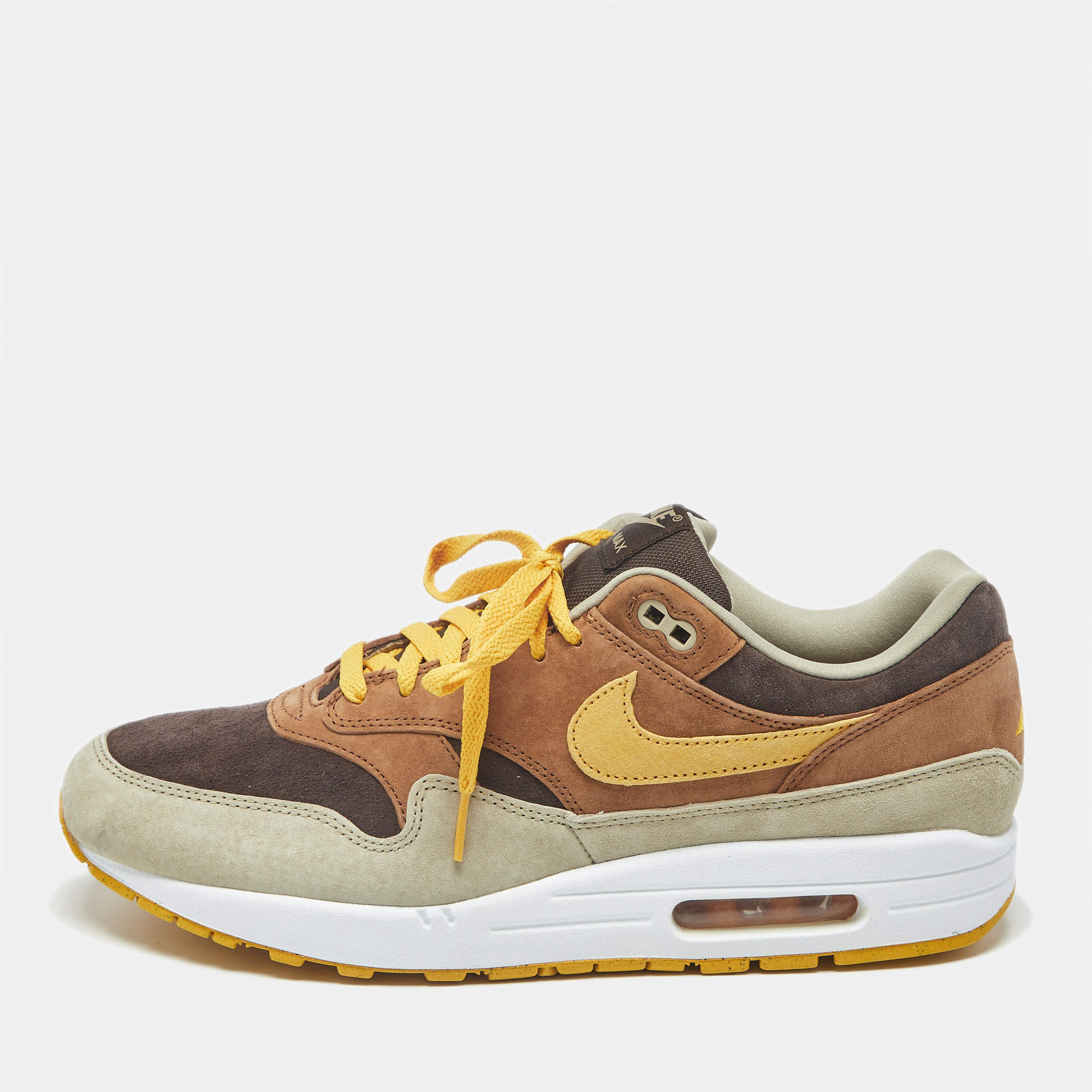 Pre Owned Nike Air Max 1 PRM Duck Pecan Yellow Ochre Size 45.5 Multicolor Suede Low Top Sneakers