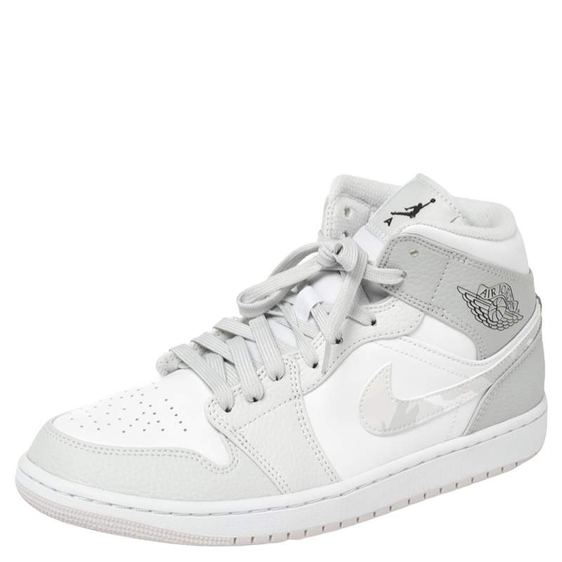 Pre Owned Air Jordan 1 Mid Grey/White Leather Camo Sneakers Size 42.5