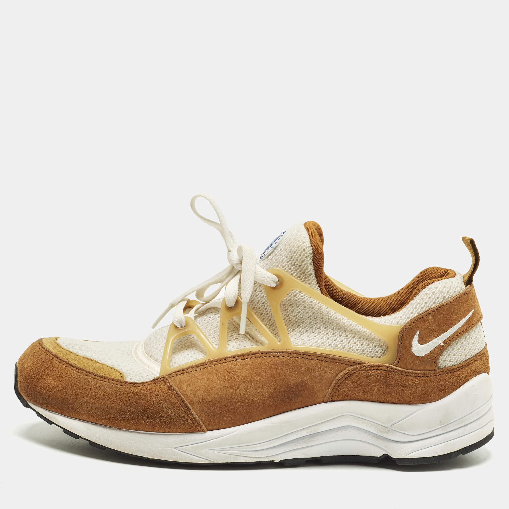 Pre Owned Nike Air Trainer 1 Size 46 Brown/White Knit Fabric and Suede Lace Up Sneakers