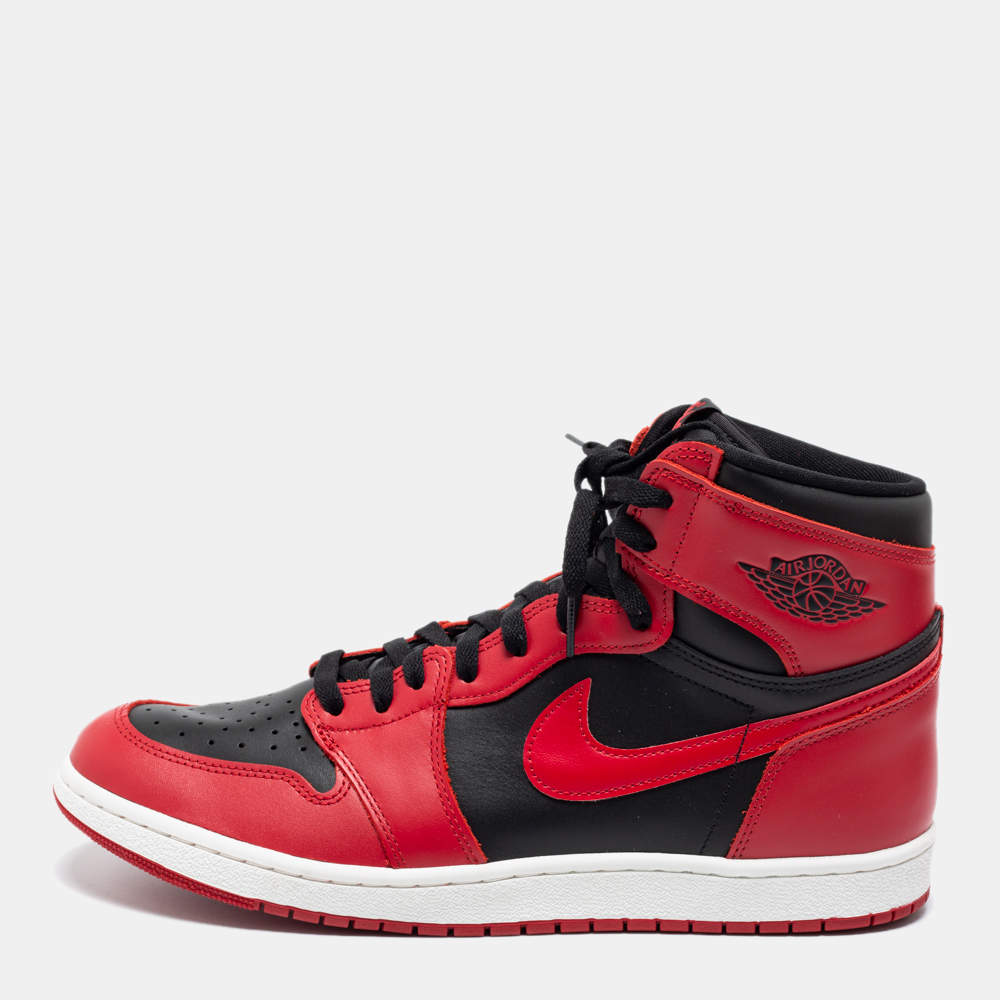 Pre Owned Nike Red/Black Leather Air Jordan 1 High Top Sneakers Size 47