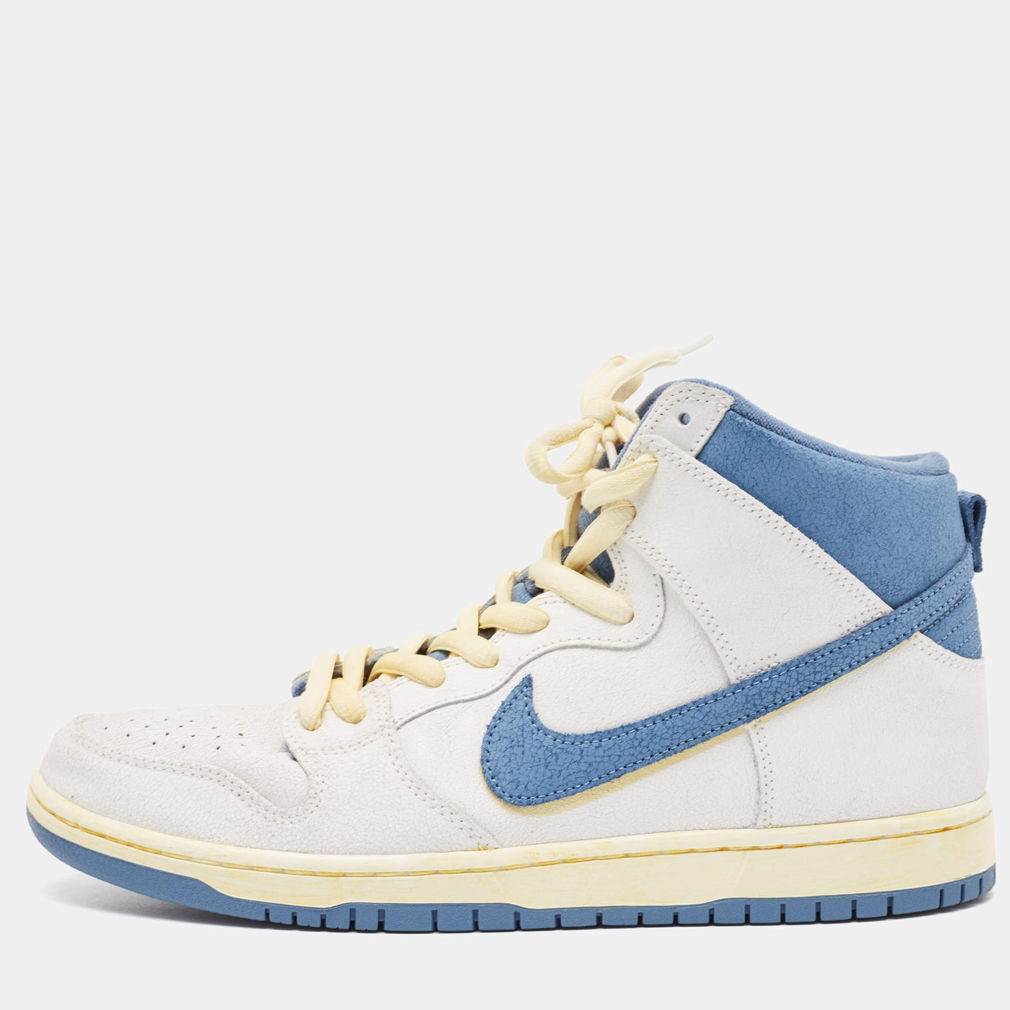 Pre Owned Nike SB Dunk White/Blue Leather Atlas Lost High Sneakers Size 45.5