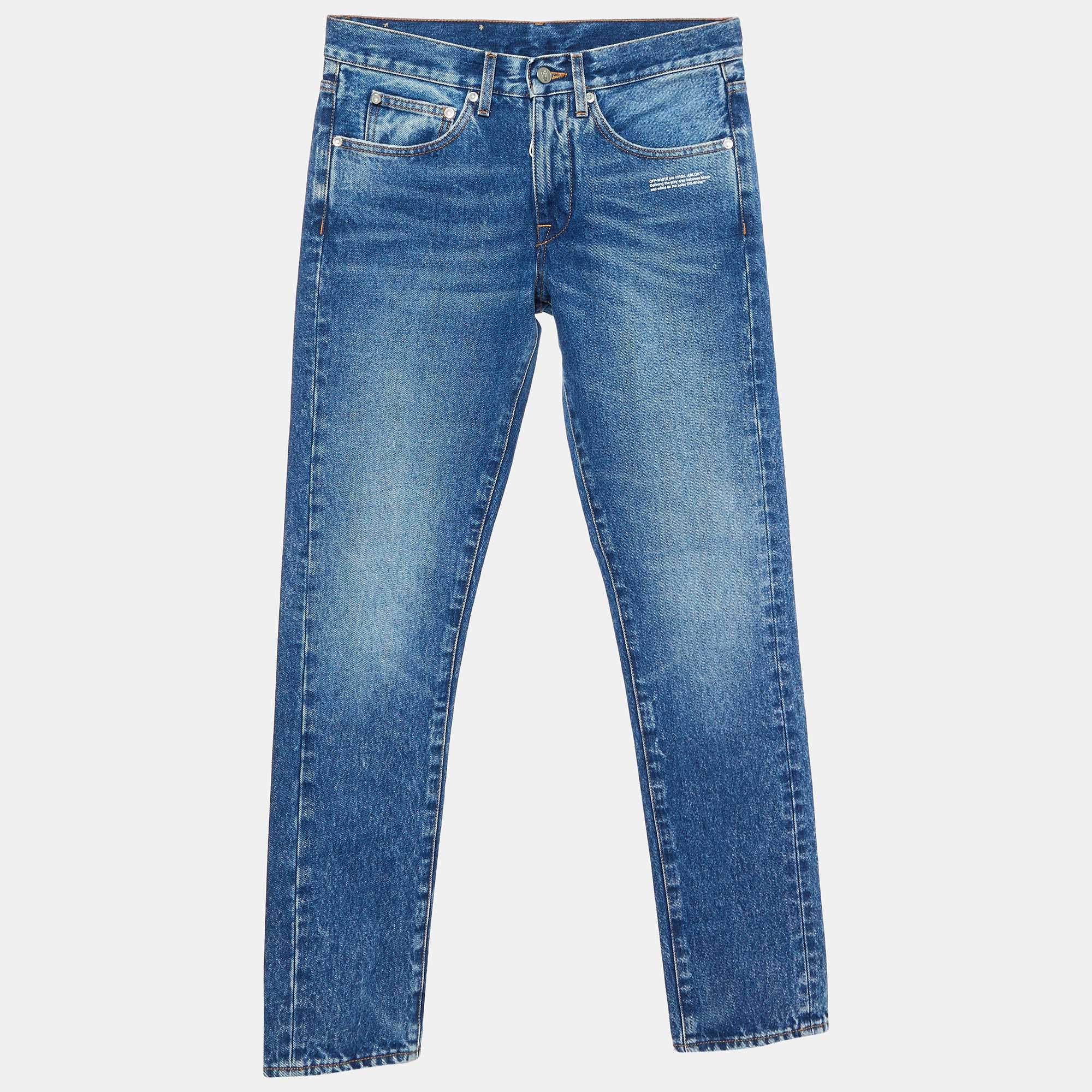 Pre Owned Off-White Medium Blue Washed Denim Slim Fit Jeans S Waist 30"