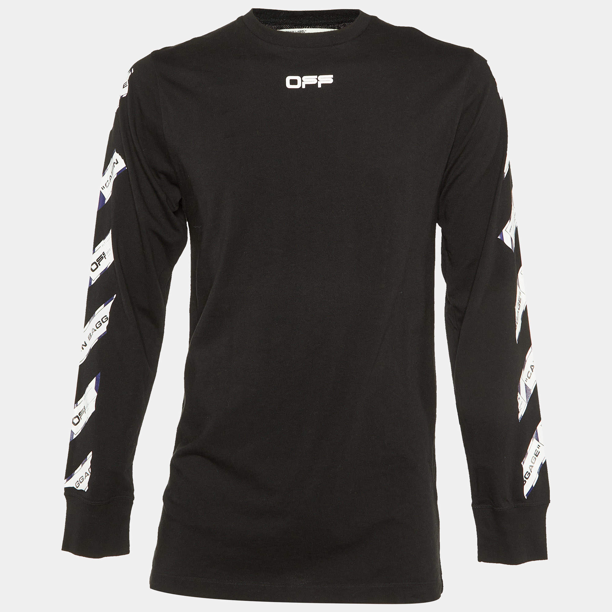 Pre Owned Off-White Black Airport Tape Print Cotton Long Sleeve T-Shirt M