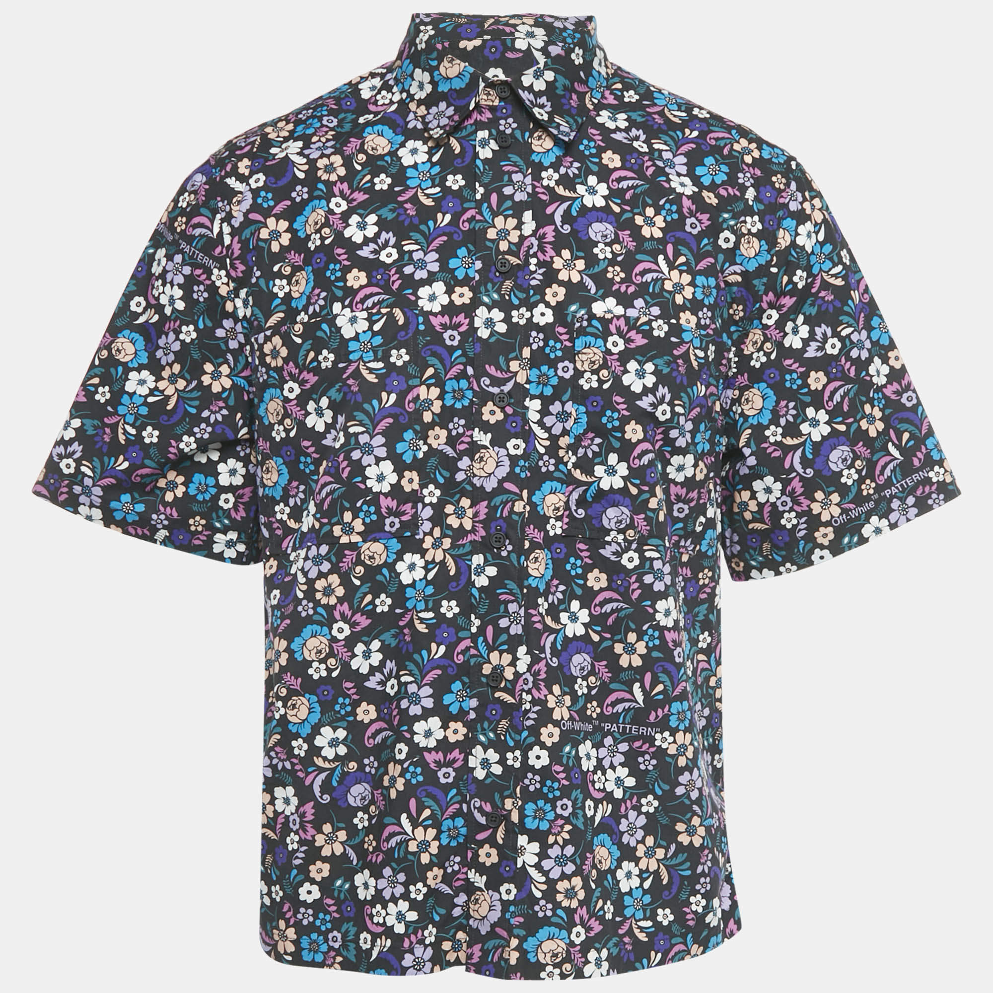 Pre Owned Off-White Blue Floral Print Cotton Short Sleeve Shirt M