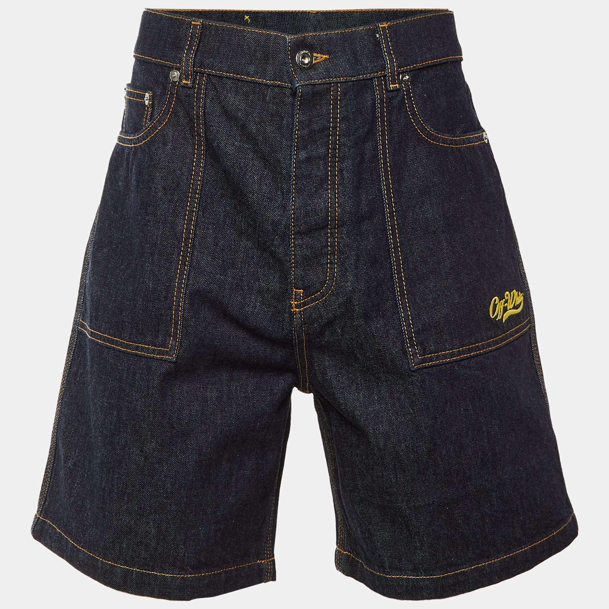 Pre Owned شورت أوف وايت جينز أزرق مطرز مقاس وسط (ميديوم) خصر 32"