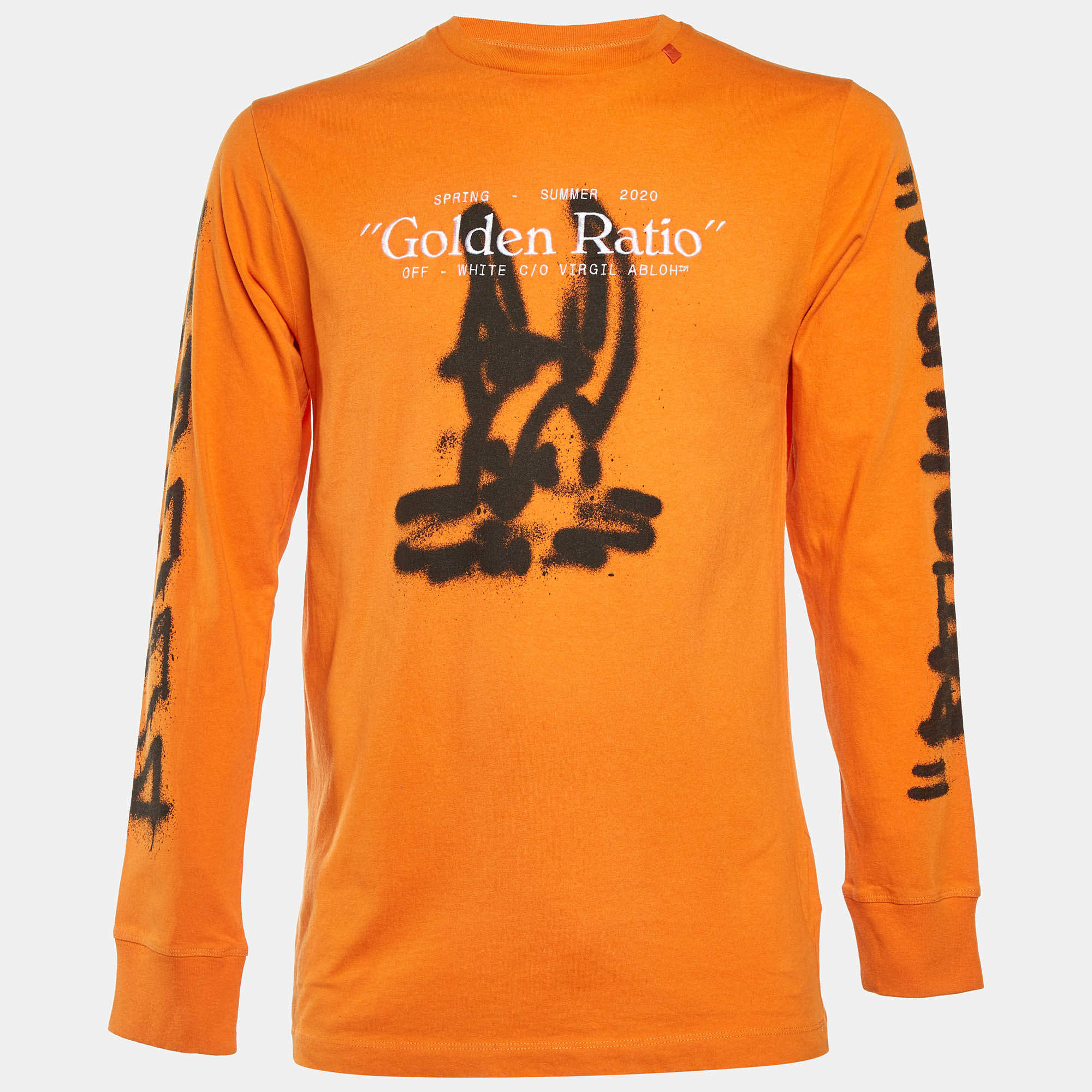 Pre Owned تي شيرت أوف وايت قطن بكم طويل جolden ratio برتقالي مقاس وسط