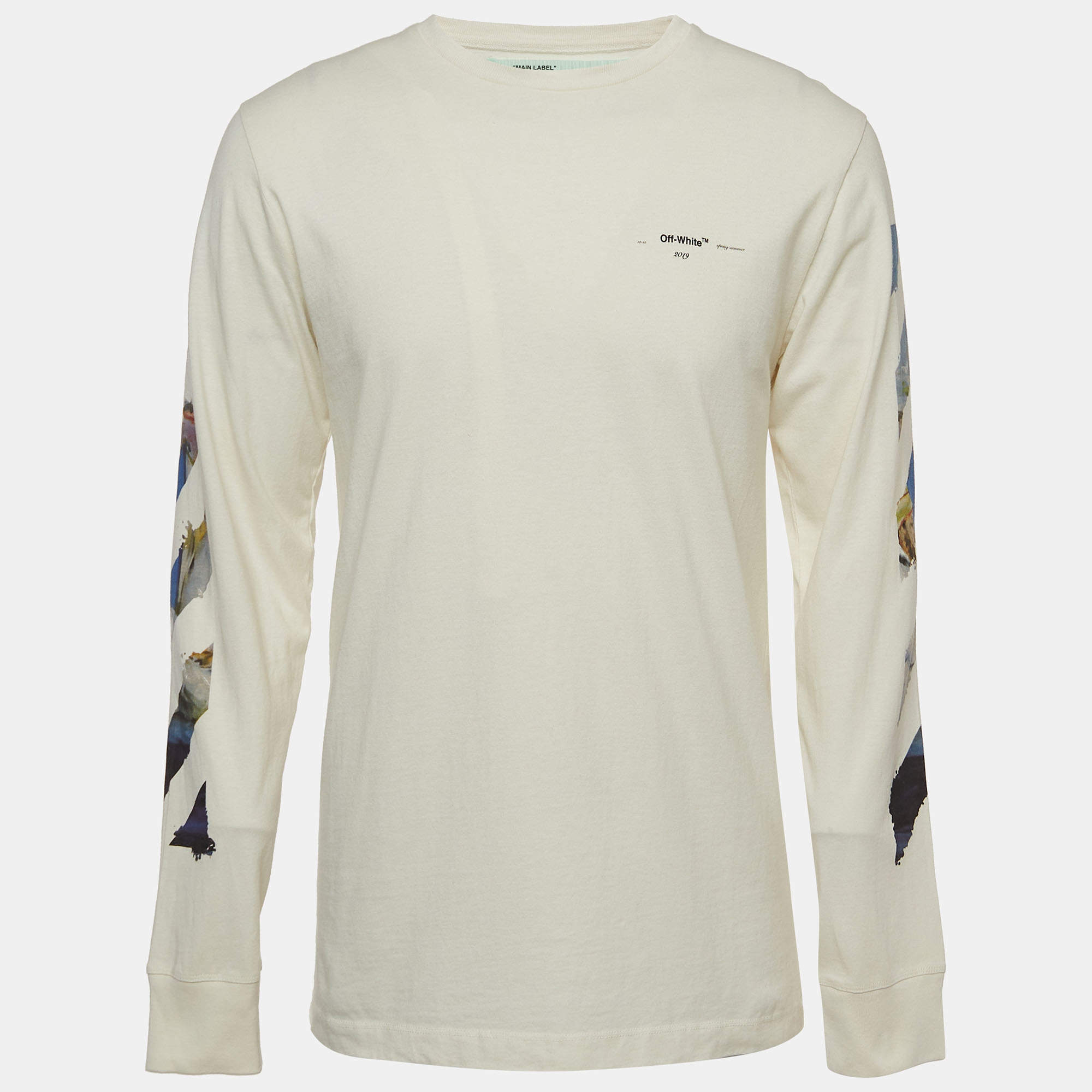 Pre Owned Off-White White Printed Cotton Long Sleeve T-Shirt L