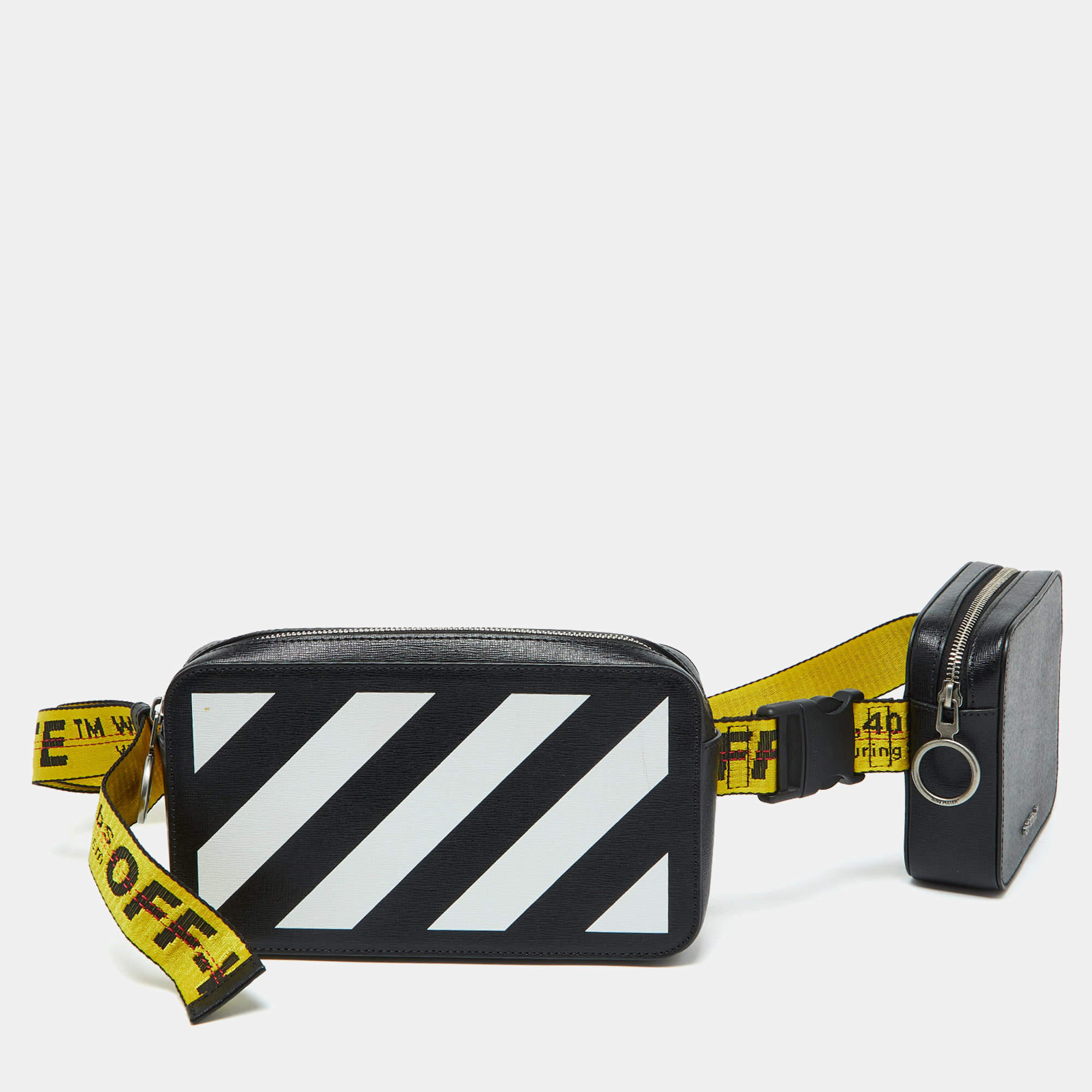 Off White Black Leather Stripe Print Belt Bag