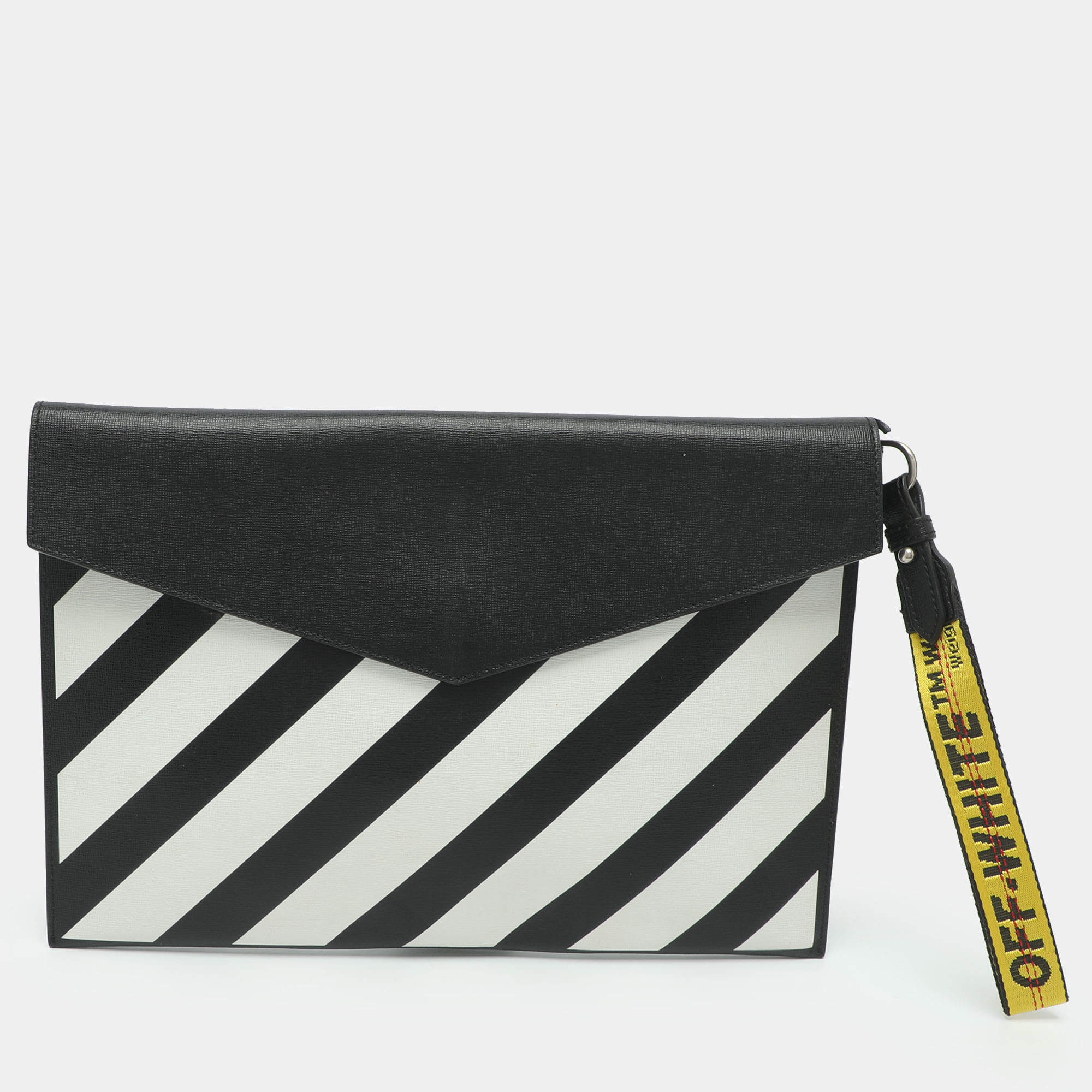 Pre Owned Off-White Diag Large Black/White Leather Pouch Clutch