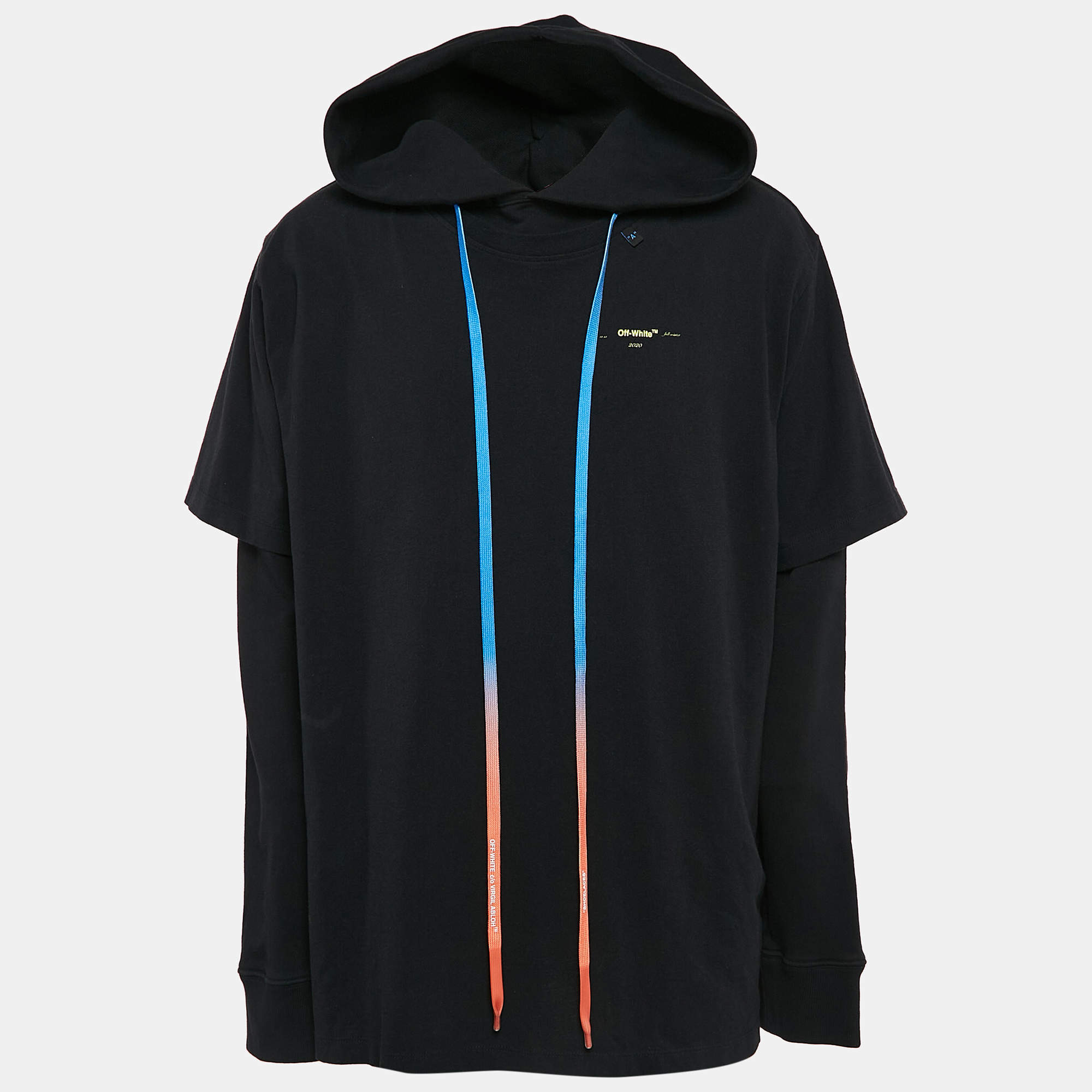 Pre Owned Off-White Black Printed Cotton Double Layer Oversize Hoodie XL