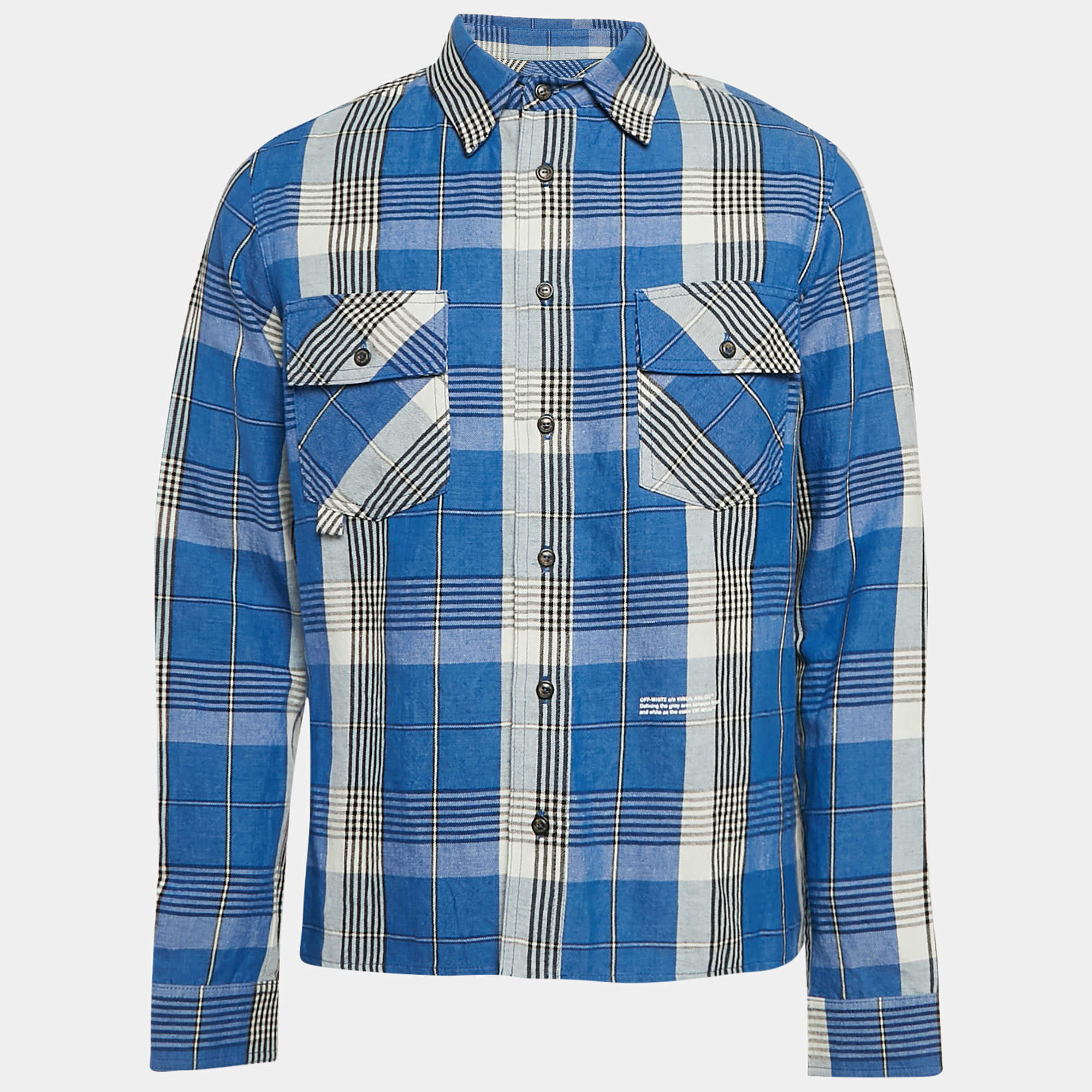 Off-White Blue Tartan Check Linen Blend Long Sleeve Shirt S