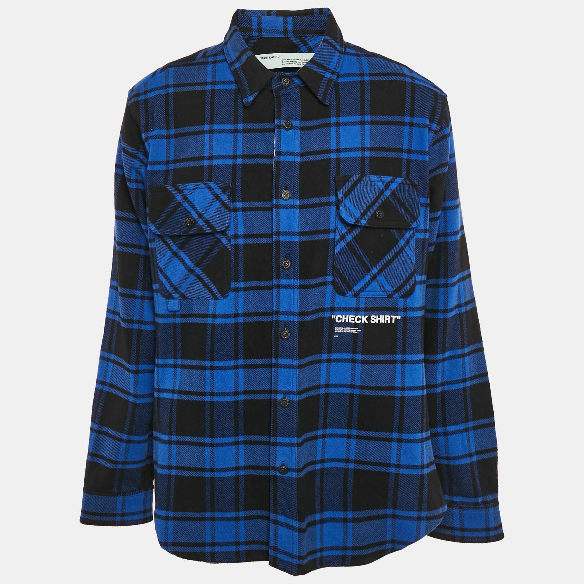 Off-White Blue/Black Plaid Cotton Blend Button Front Shirt XL