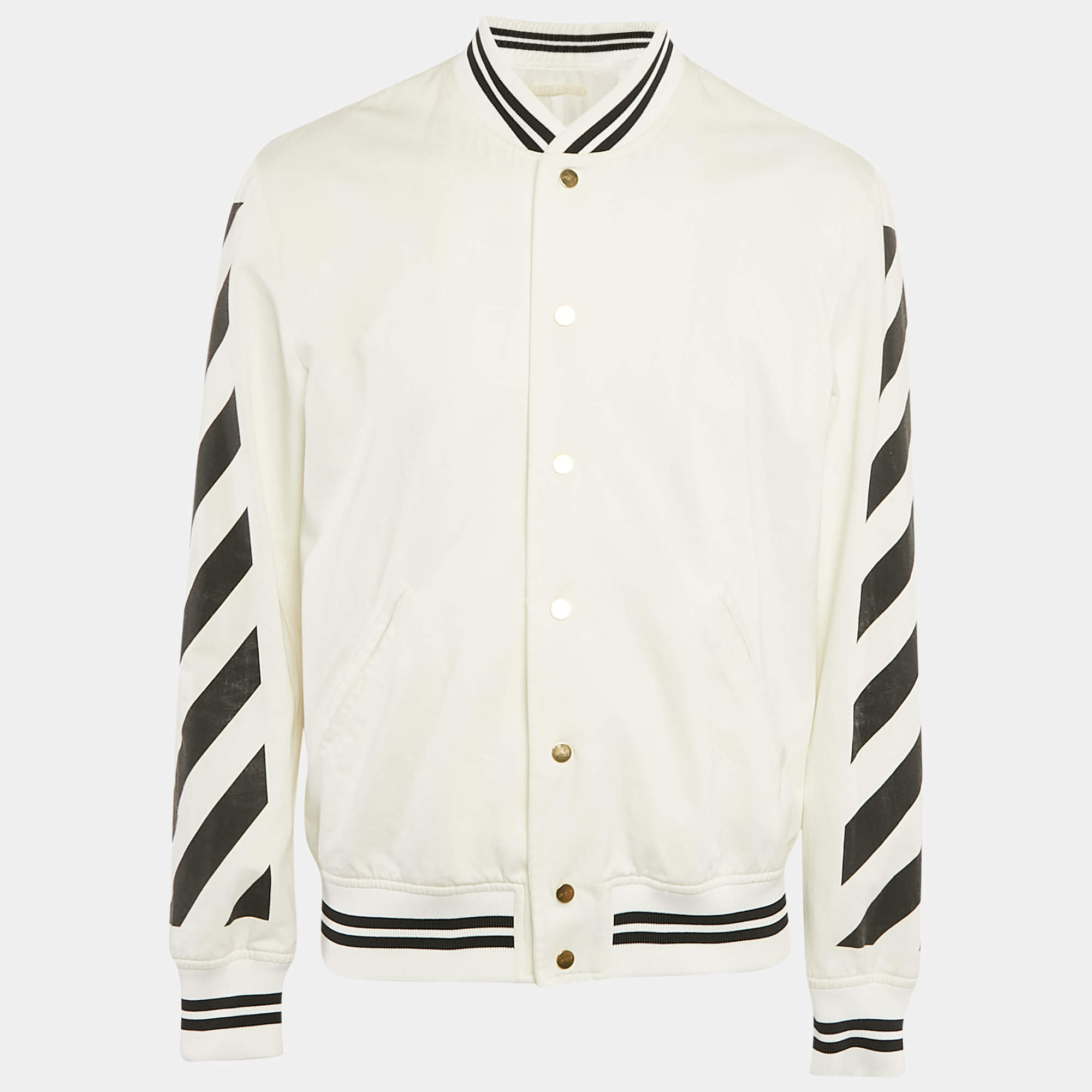 Off-White White Printed Gabardine Cotton Button Front Varsity Jacket M