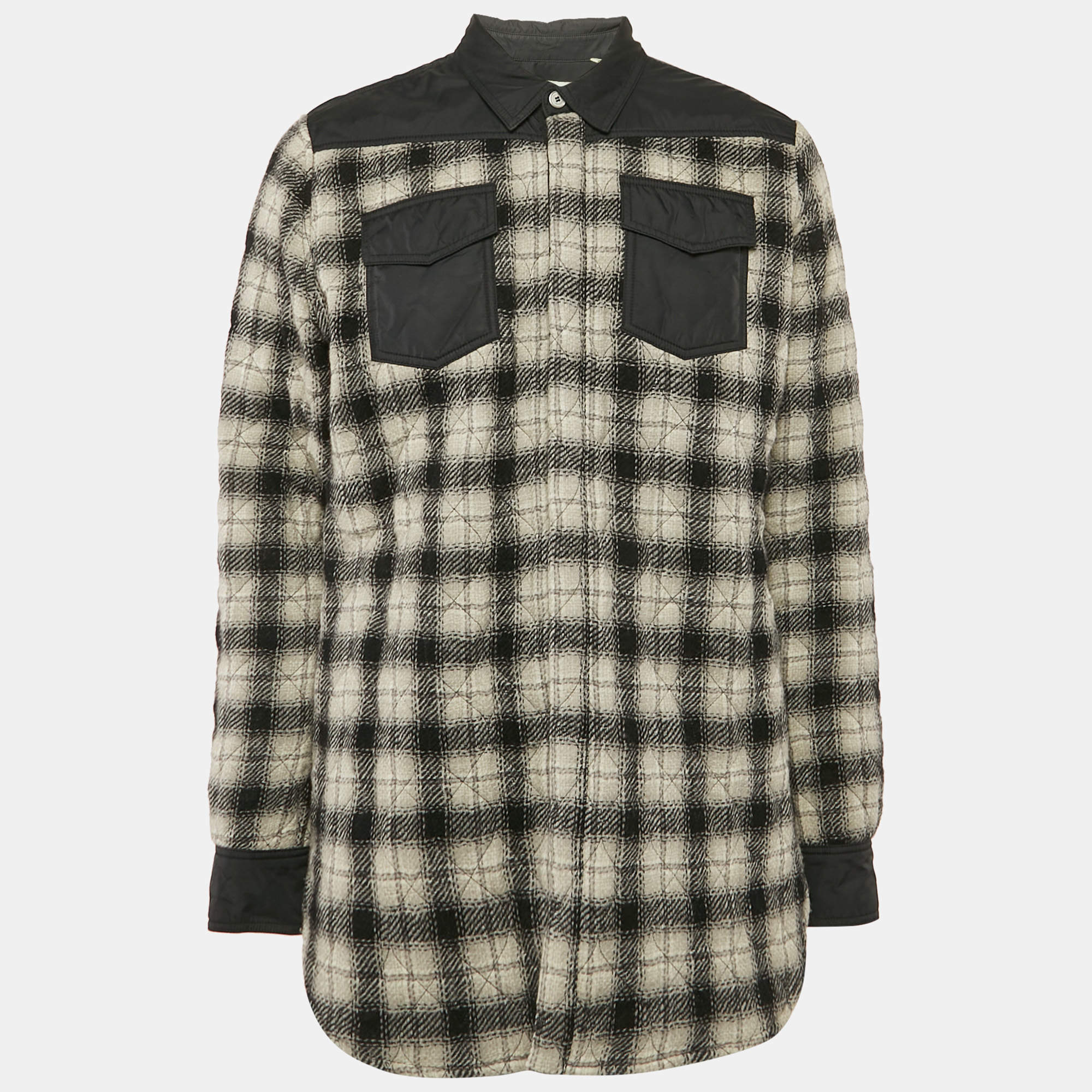 Off-White Black Plaid Virgin Wool Button Front Quilted Jacket L