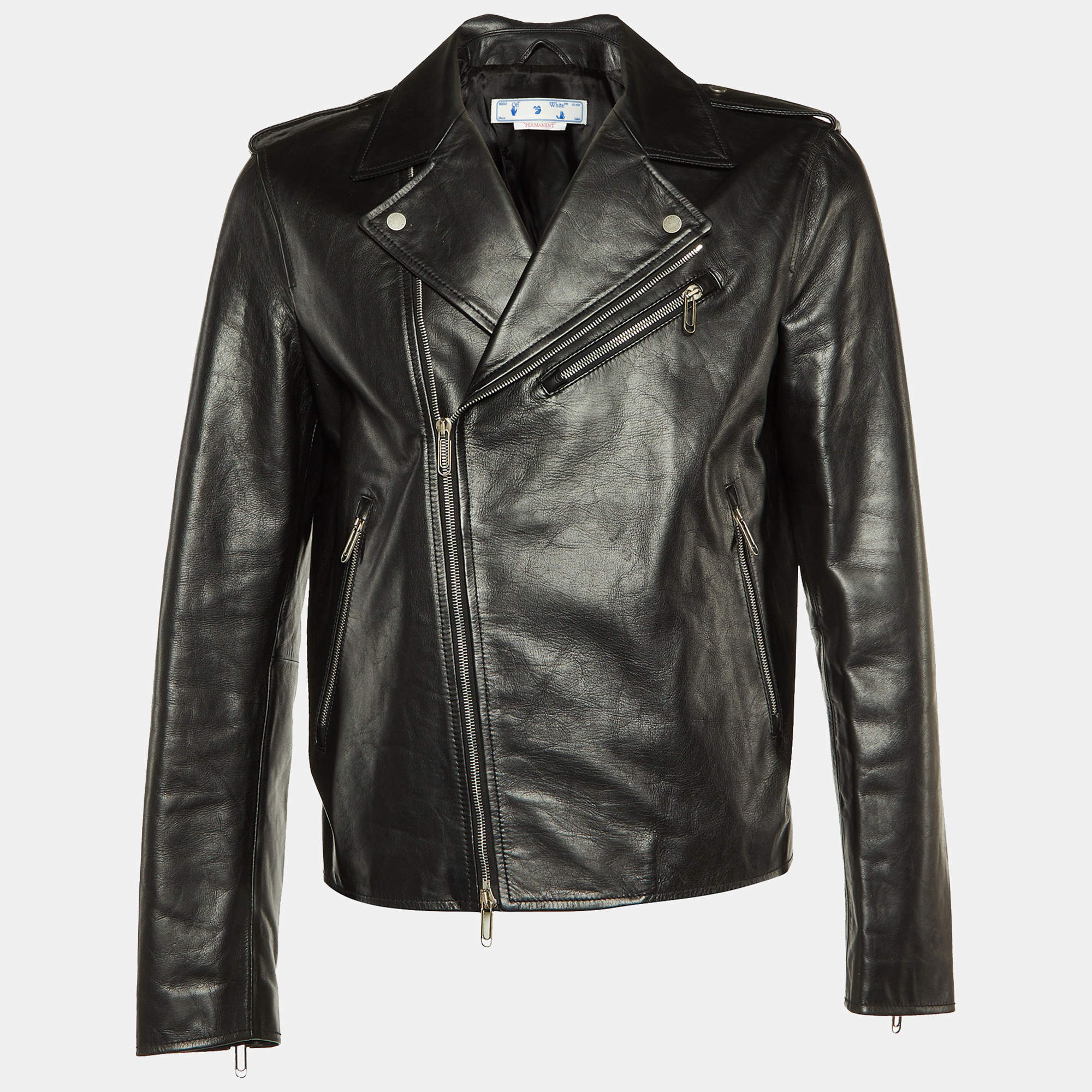 Off-White Black Diagonal Tab Print Leather Biker Jacket L