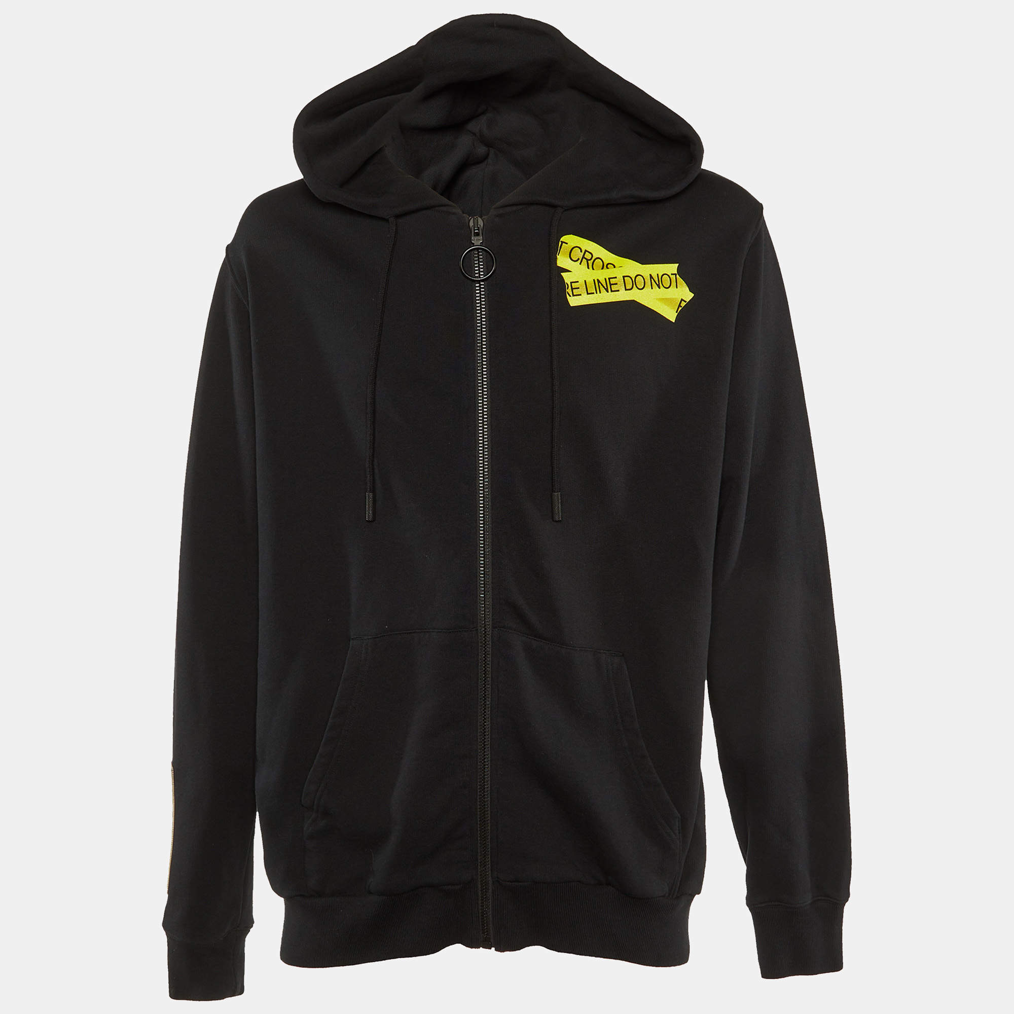 Off-White Black Jersey Cotton Do Not Cross Line Print Zip- Up Hoodie L