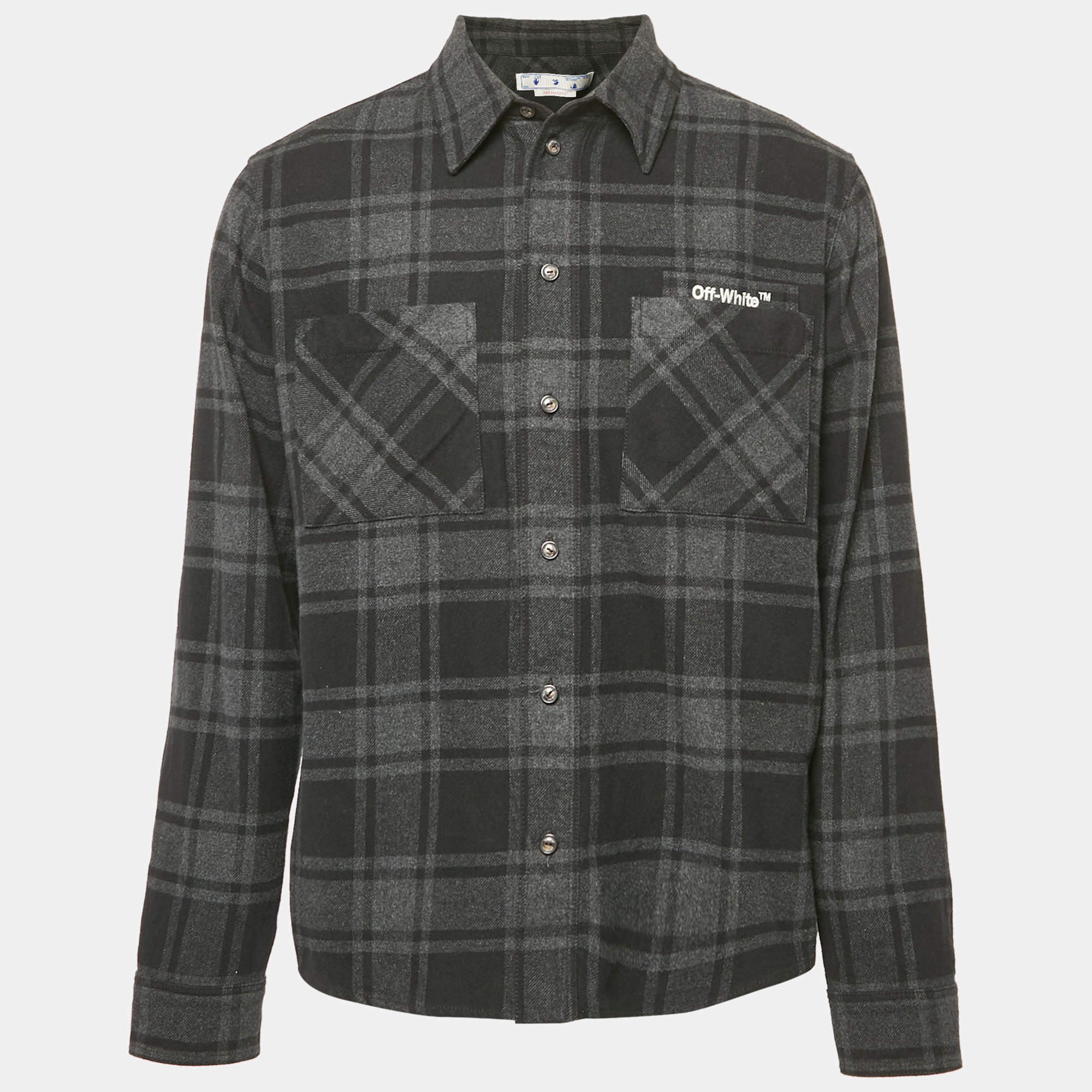 Off-White Black Tartan Cotton Logo Embroidered Shirt M