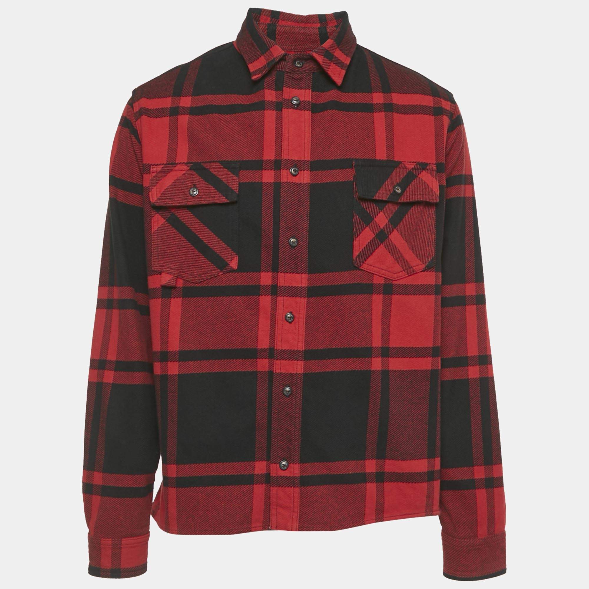 Pre Owned Off-White Red Logo Print Flannel Cotton Button Front Shirt L