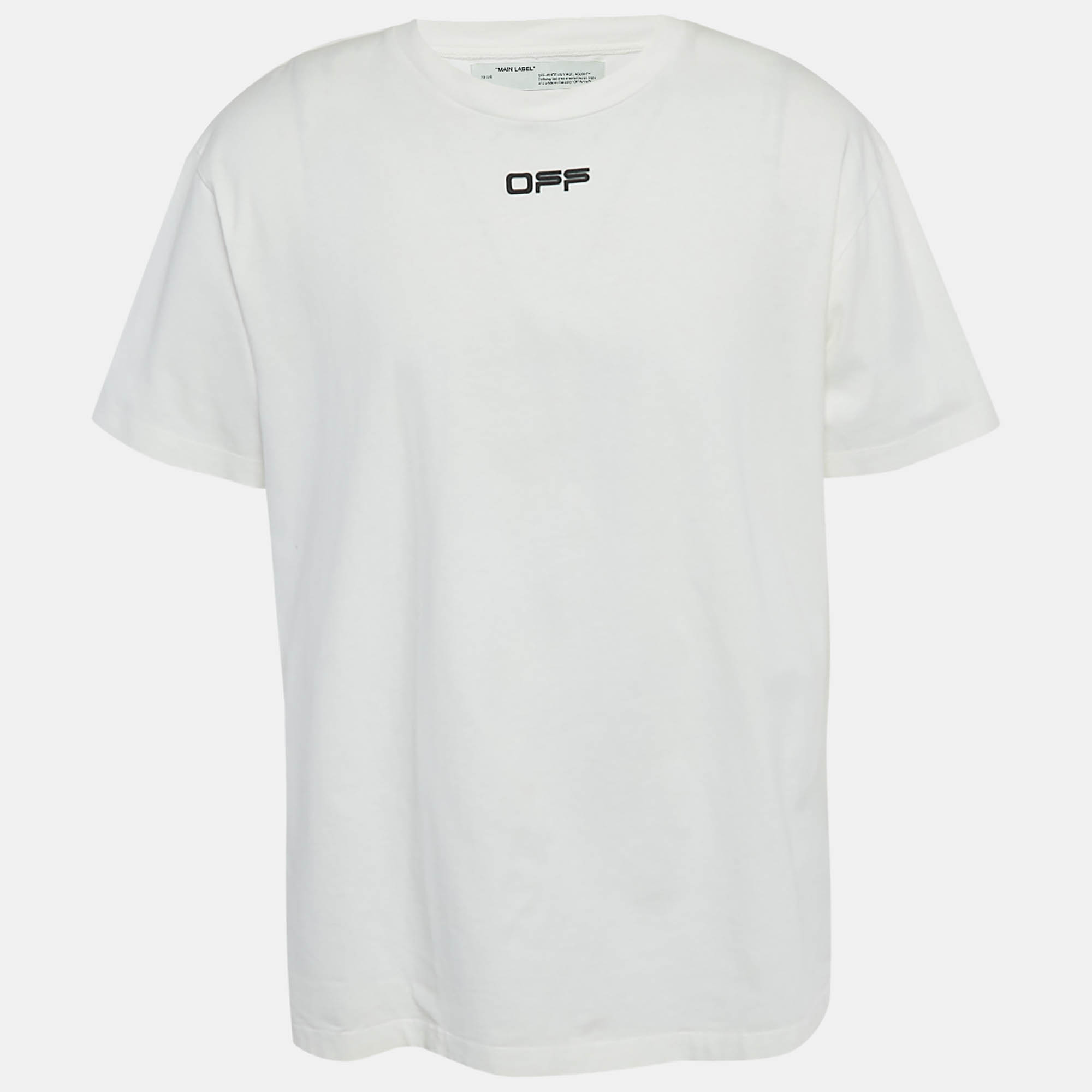 Pre Owned Off-White White Printed Cotton Crew Neck Oversized T-Shirt S