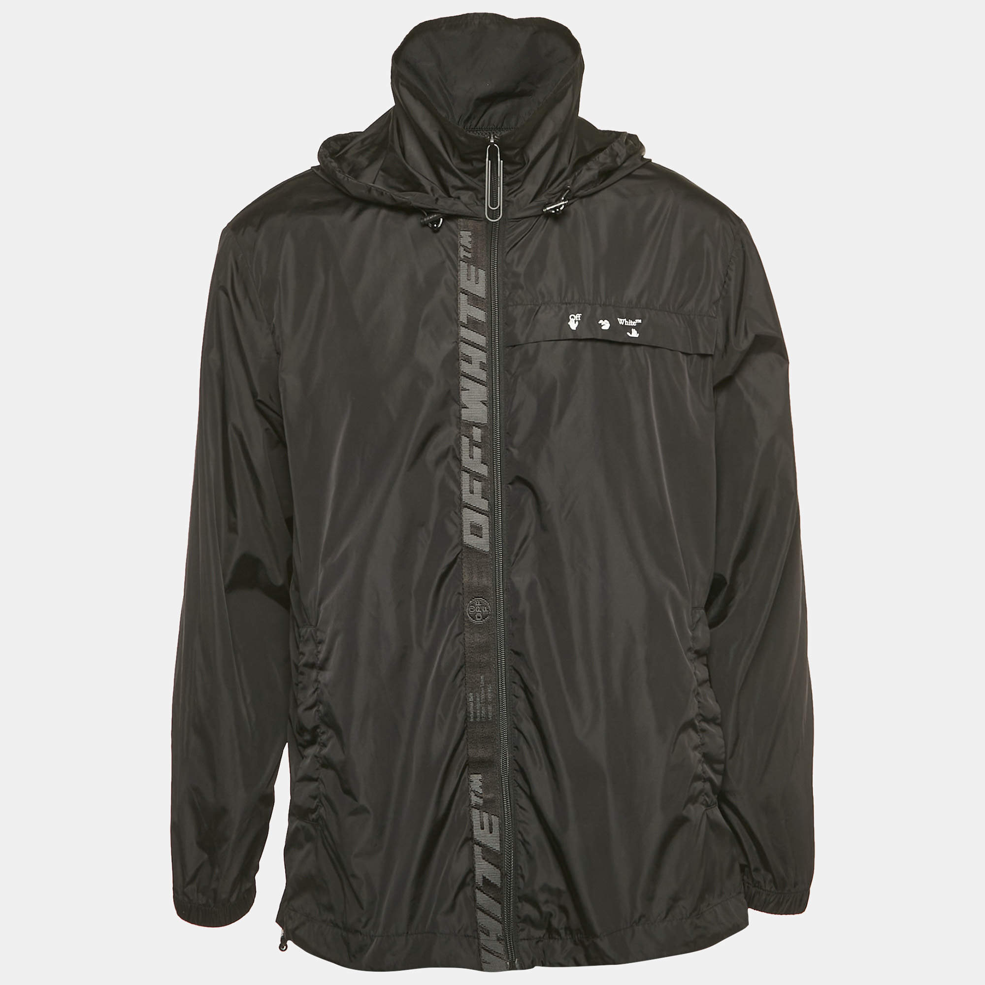 Pre Owned Off-White Black Logo Print Synthetic Hooded Windbreaker Jacket S