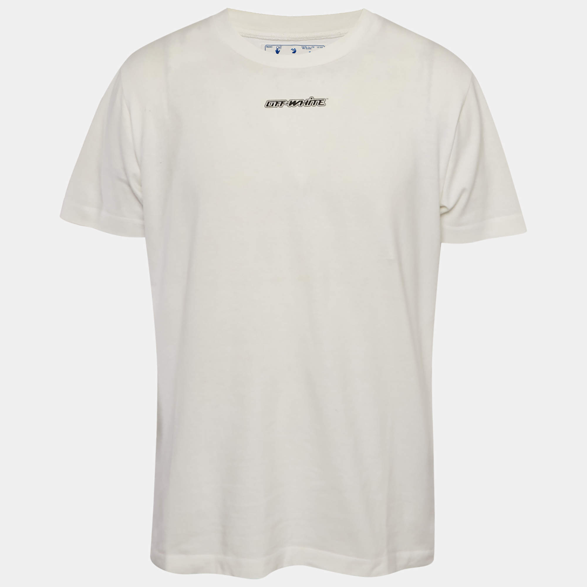 Pre Owned Off-White White Marker Logo Printed Cotton Knit T-Shirt L