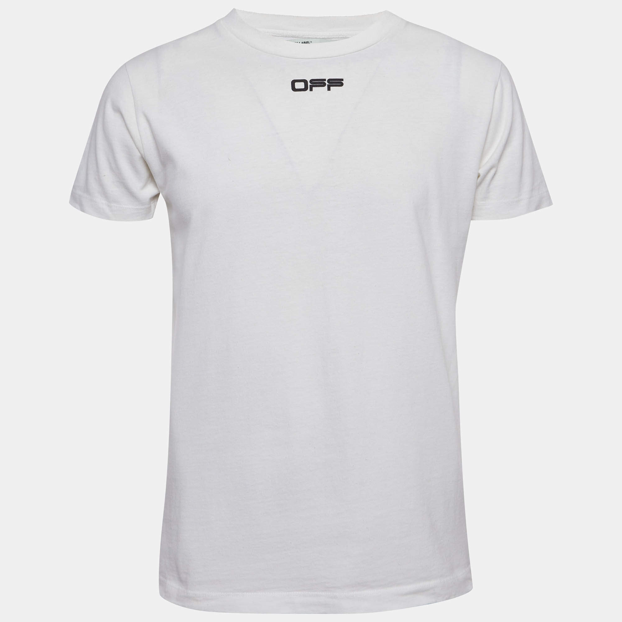 مملوكة مسبقًا تي شيرت أوف وايت أبيض قطن مطبوع نصف كم مقاس صغير - سمول