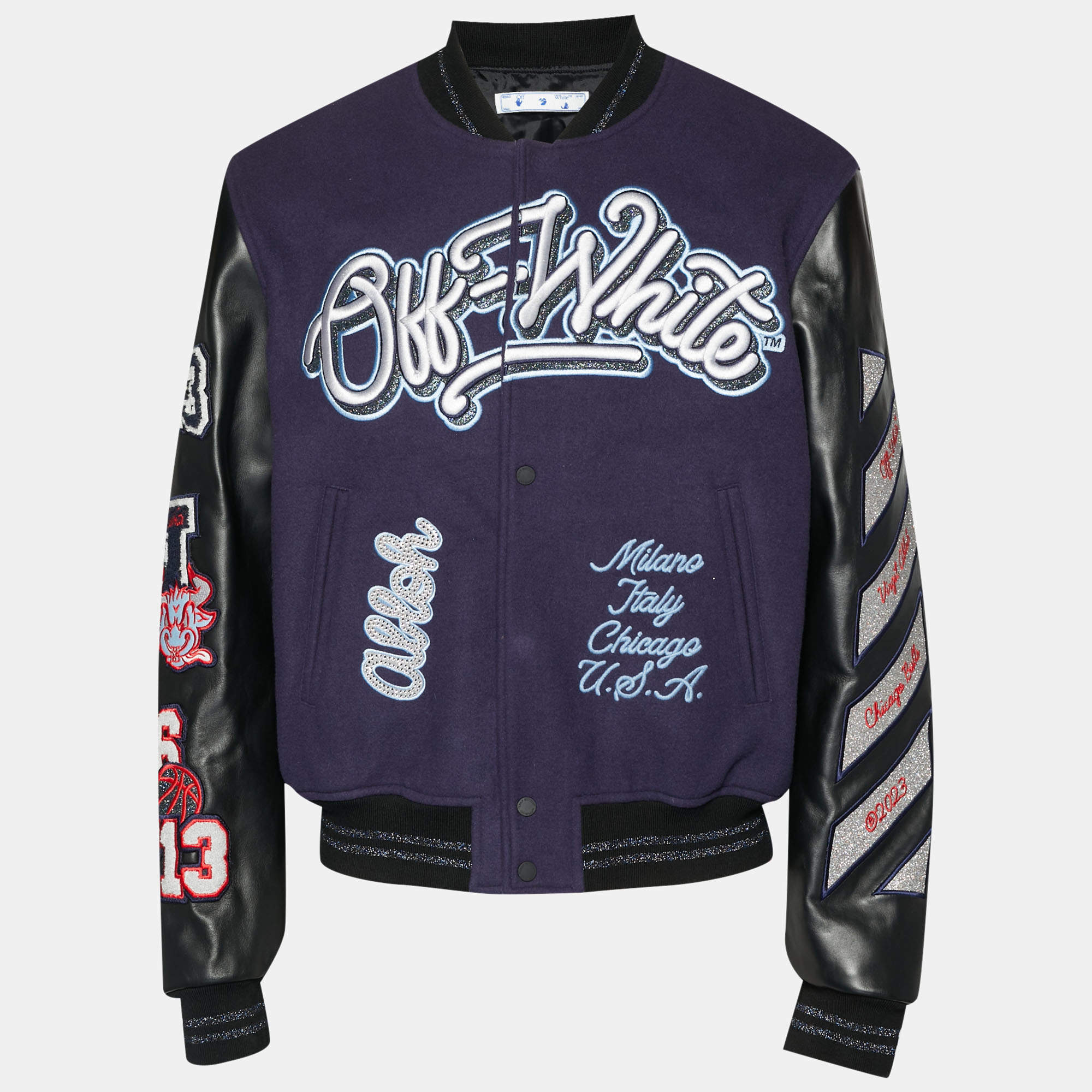 مملوكة مسبقًا Off White x Chicago Bulls Blue Felt and Leather Varsity Jacket XL