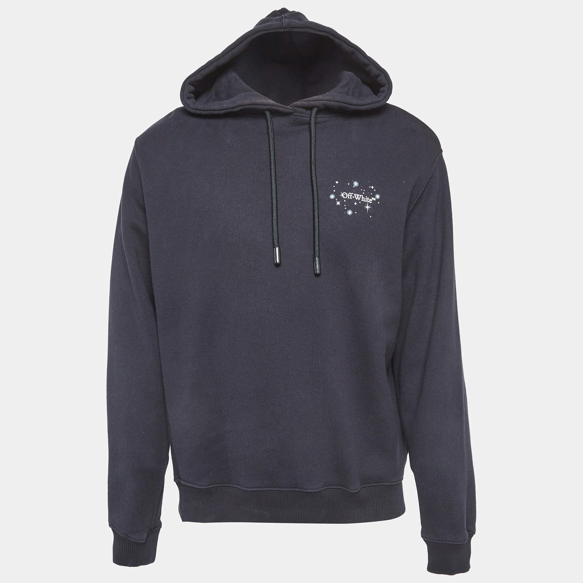 Pre Owned Off-White Navy Blue Logo Print Cotton Knit Hoodie S