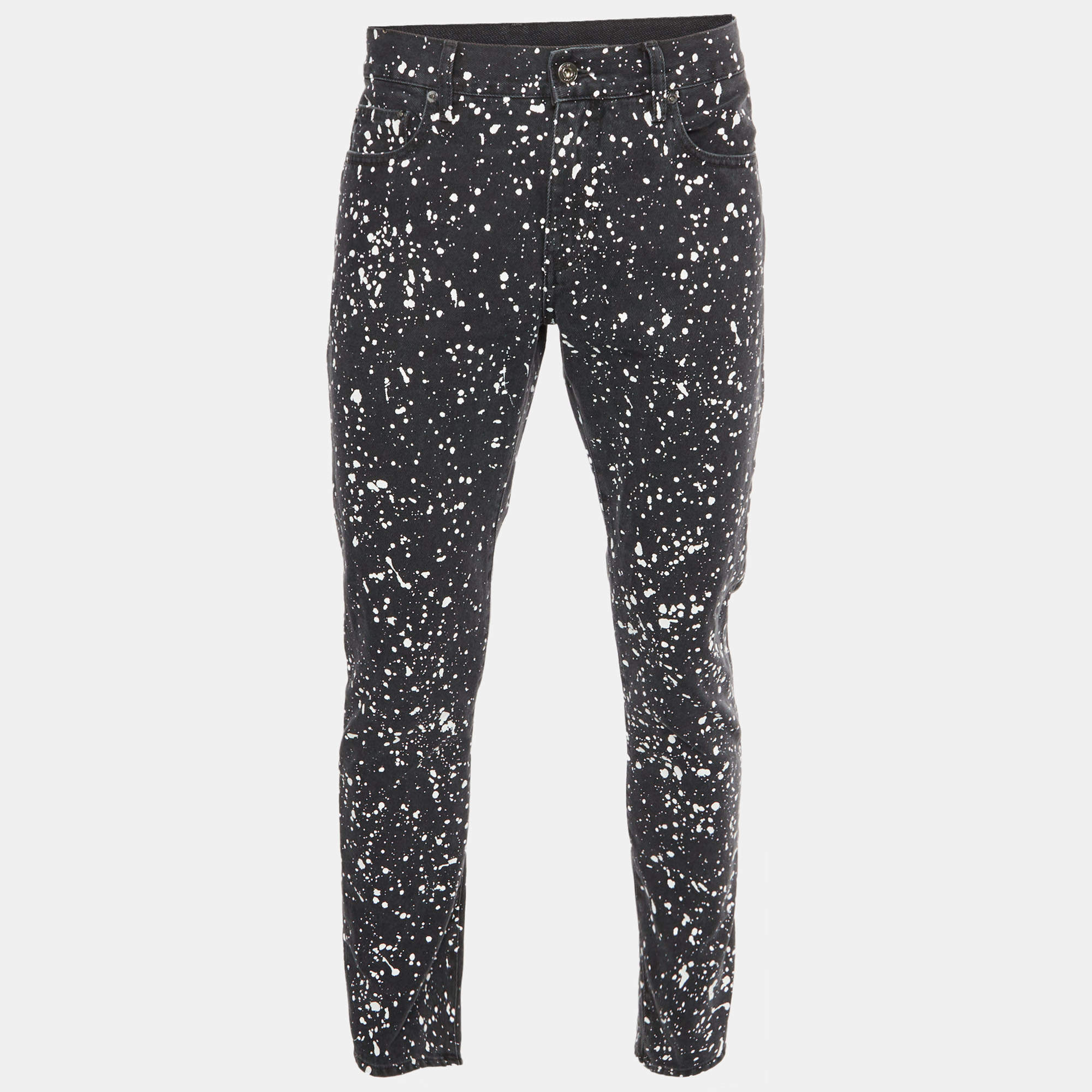 Pre Owned Off-White Black Paint Splattered Denim Skinny Jeans L/Waist 36"