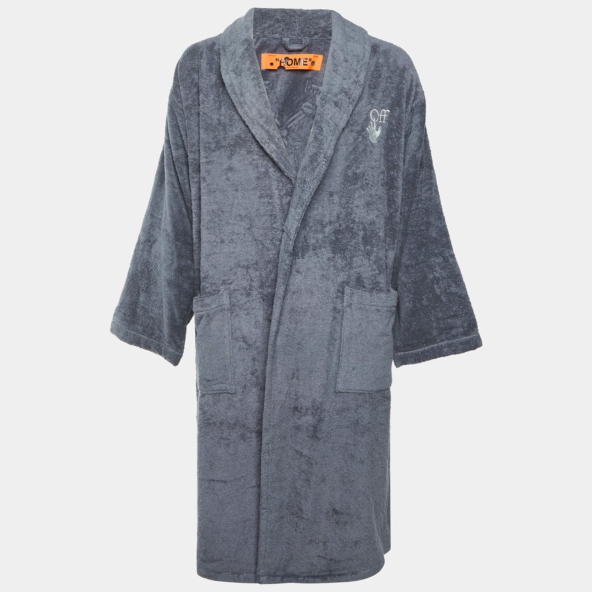 Pre Owned Off-White Grey Logo Embroidered Terry Bathrobe L/XL