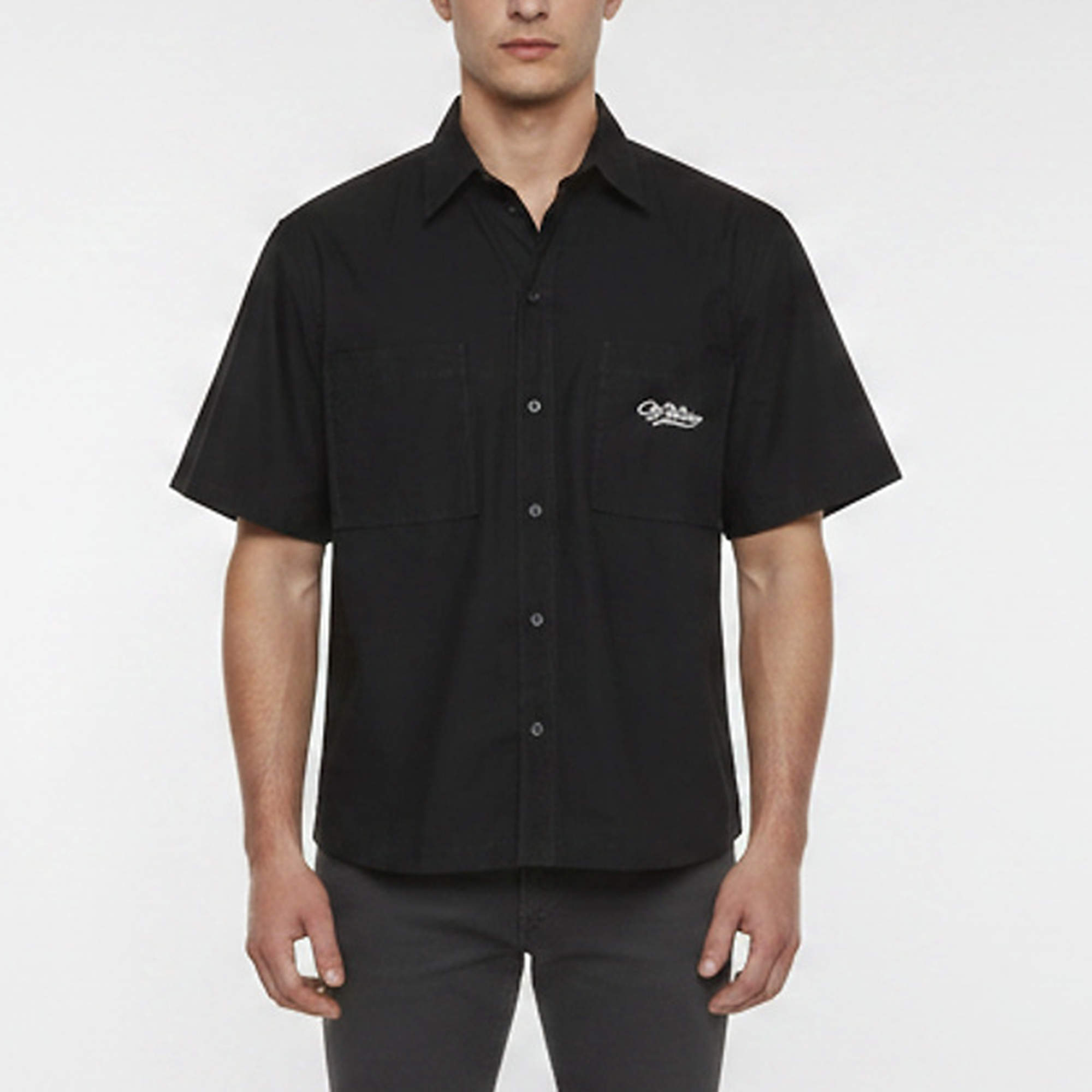 Pre Owned Off-White Black Logo Embroidered Poplin Bowling Shirt M