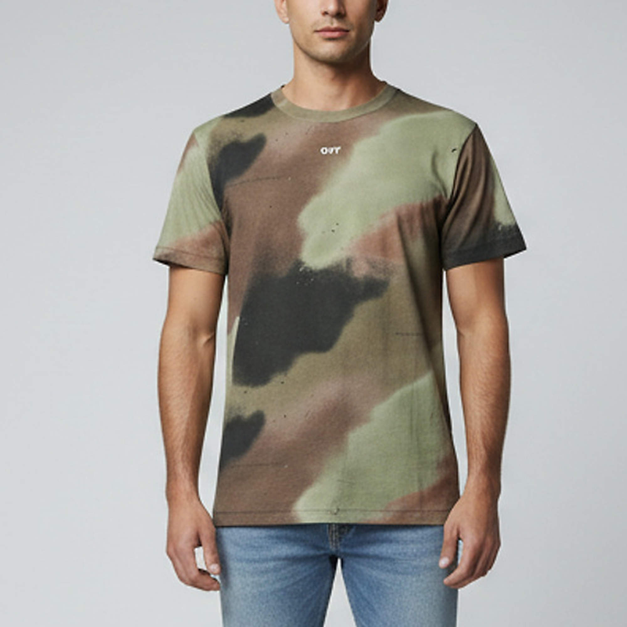 Pre Owned Off-White Green Camouflage Print Cotton Crewneck Barrel Workers T-Shirt M