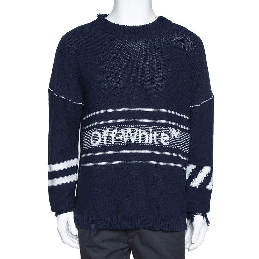 Off White Navy Blue Logo Intarsia Knit Distressed Jumper S Off-White ...