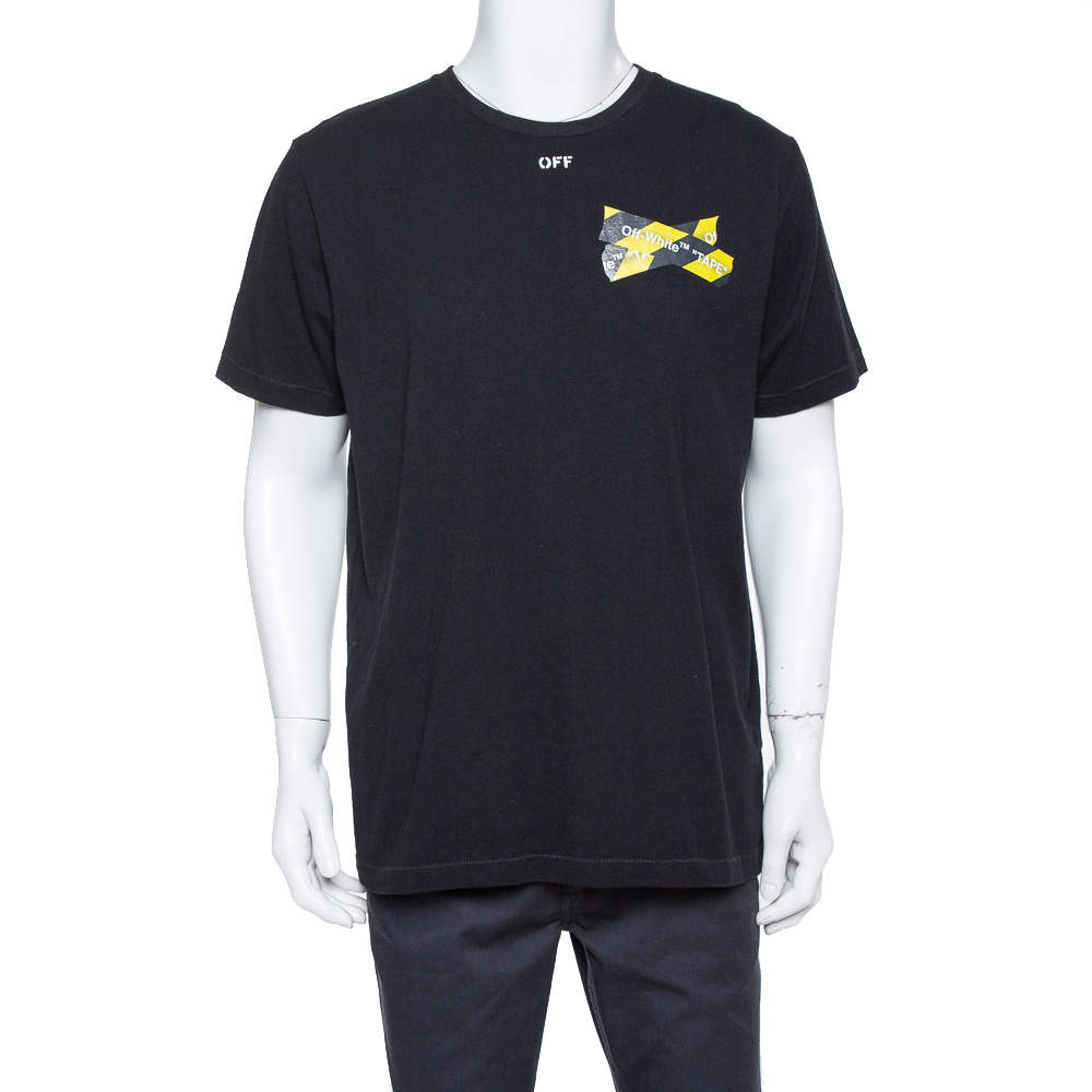 Pre Owned Off White Black Logo Caution Tape Printed Cotton T Shirt L