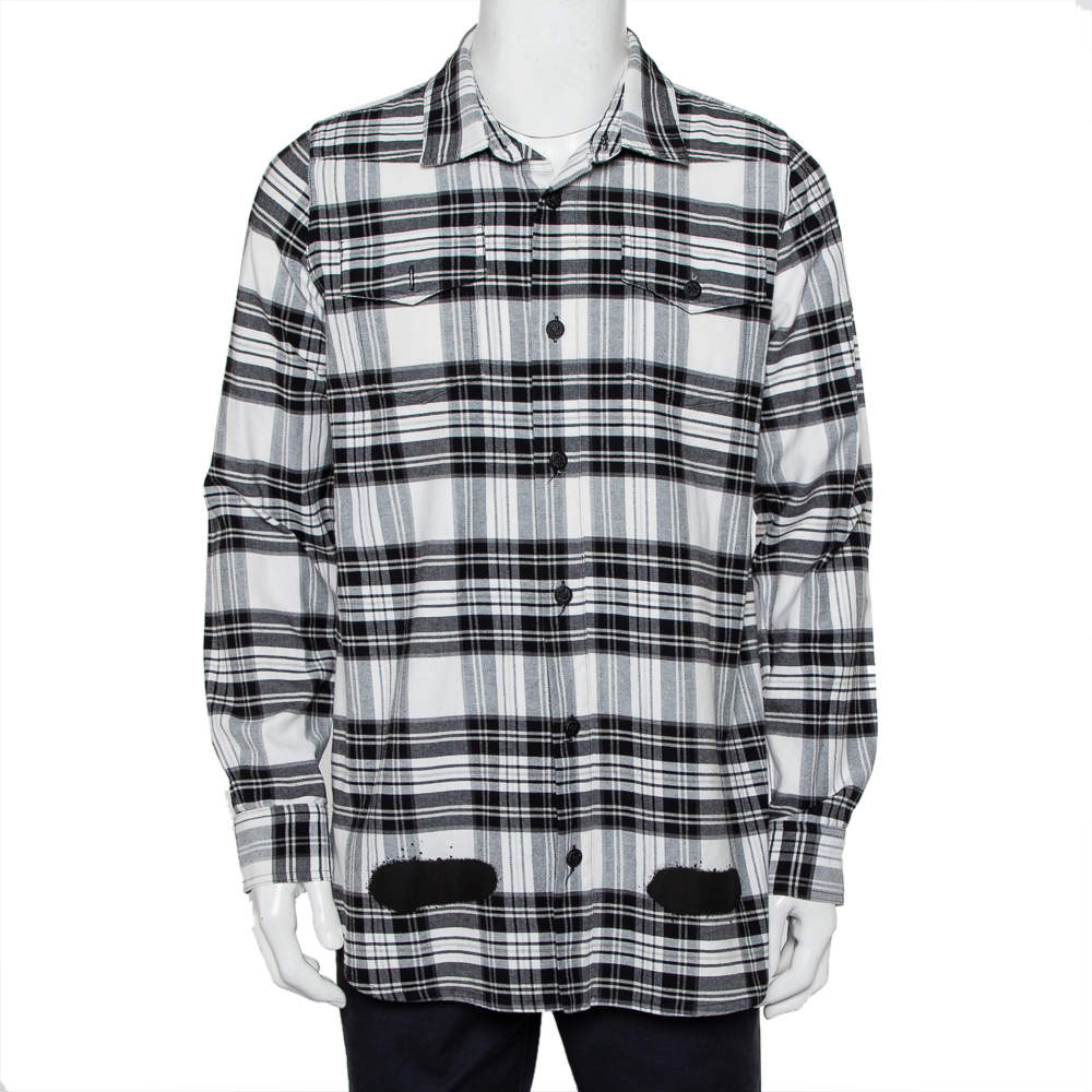 Pre Owned Off-White Monochrome Plaided Cotton Painted Detail Oversized Shirt S