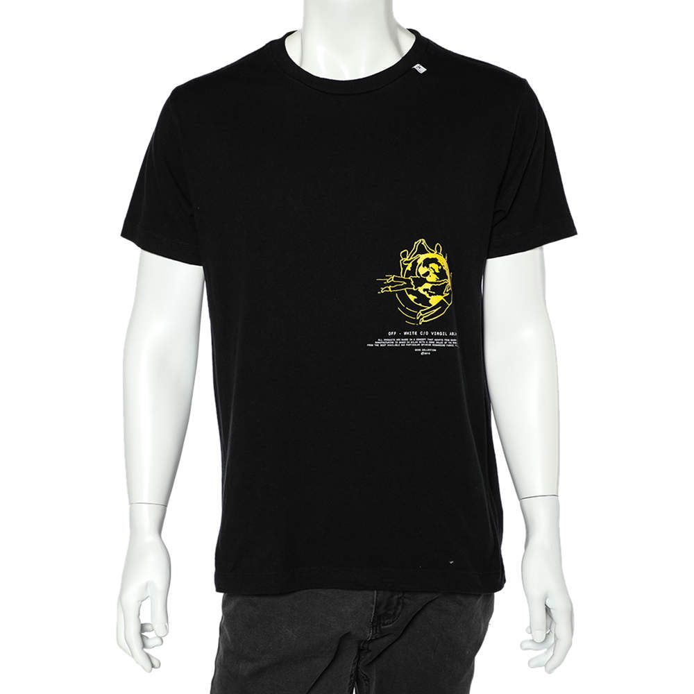 Pre Owned Off-White Black Logo Printed Cotton Crewneck T-Shirt M