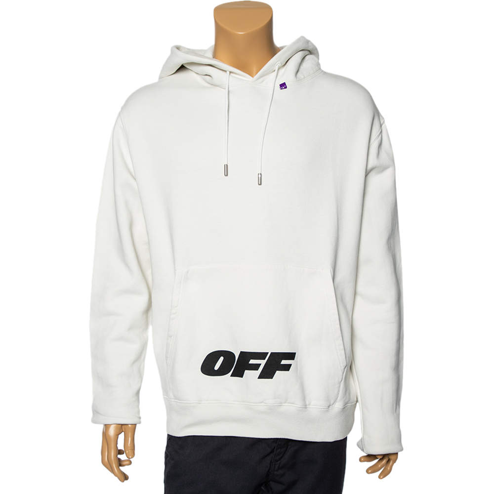 Pre Owned Off-White Ivory Cotton Logo Print Hooded Sweatshirt L