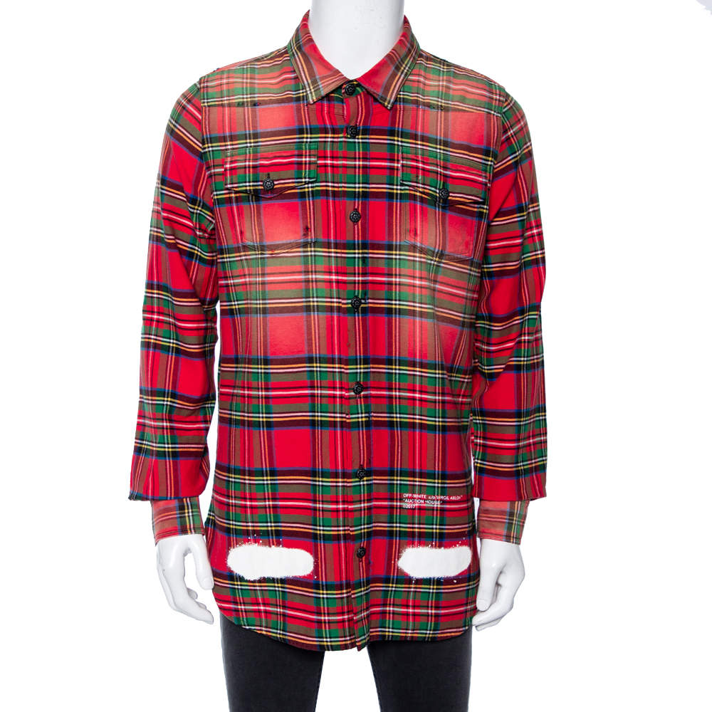 Pre Owned Off White Red Checked Cotton Spray Paint Detail Shirt S