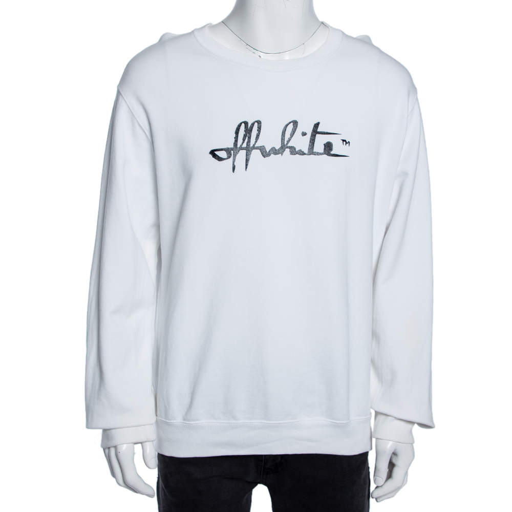 مملوكة مسبقًا Off-White White Logo Printed Cotton Knit Sweater L