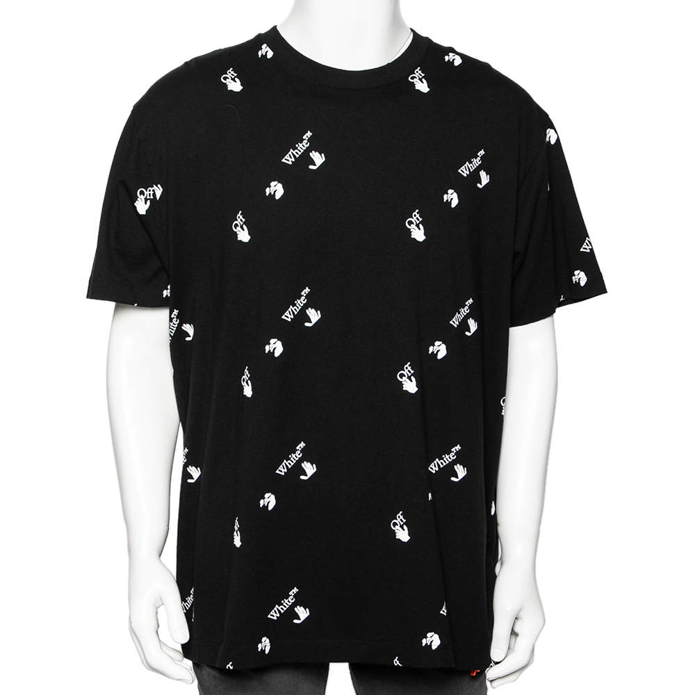 Pre Owned Off-White Black Cotton  Allover Logo Printed Oversized T-Shirt S