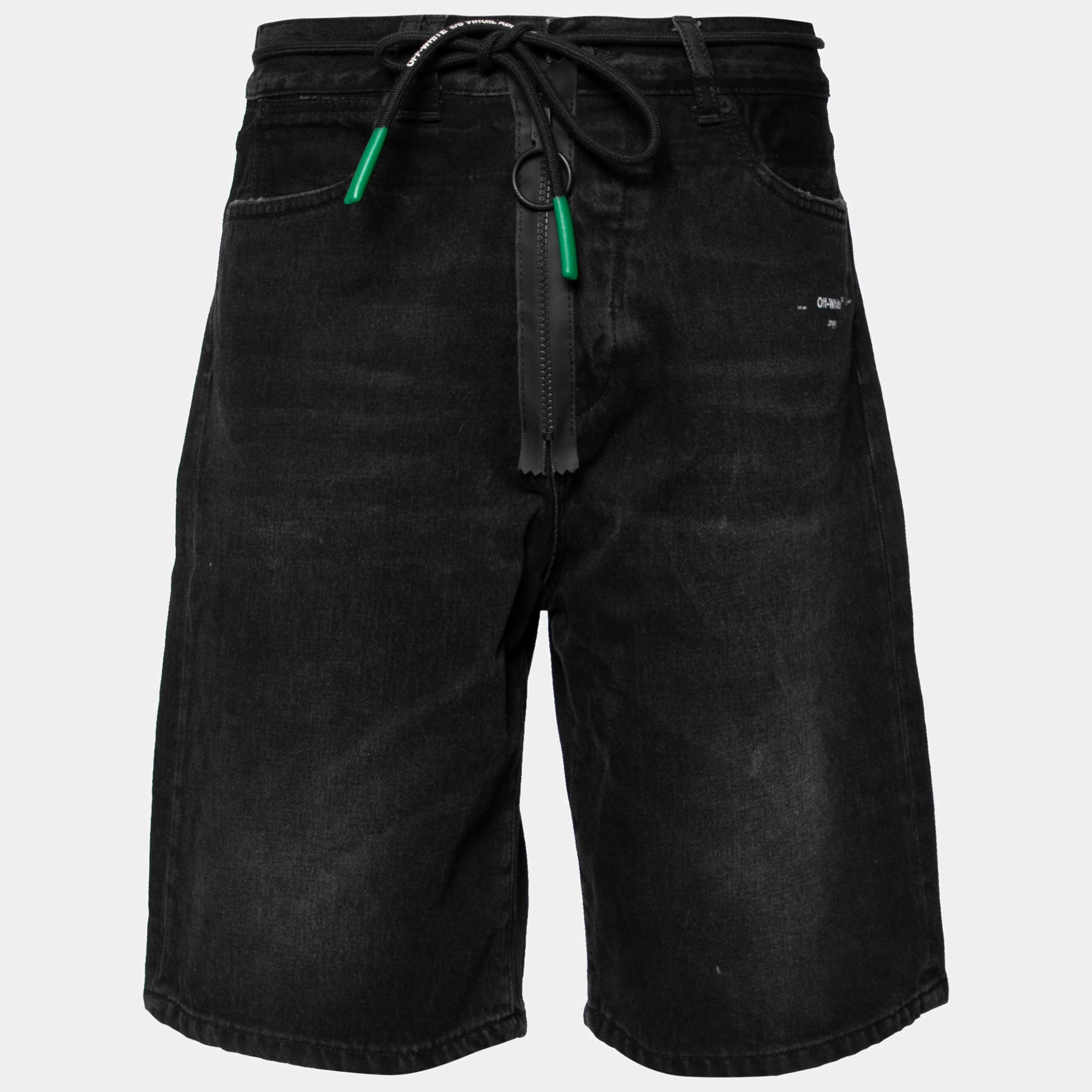 Off-White Black Denim Zipper & Drawstring Detail Bermuda Shorts M