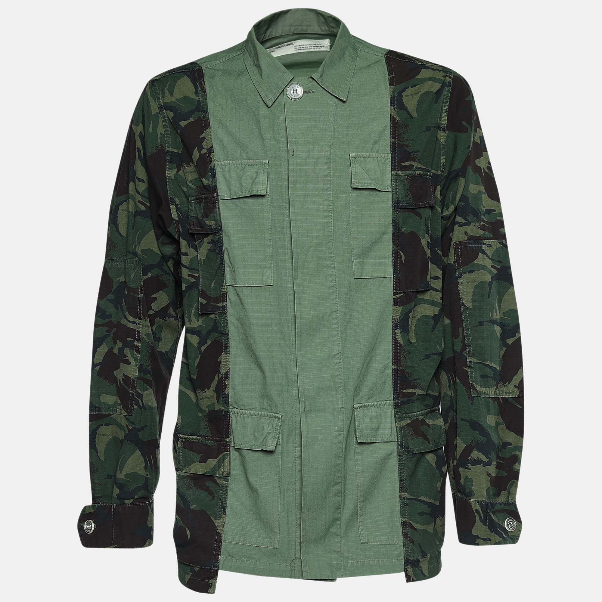 I forhold det er nytteløst endnu engang Off-White Olive Green Camouflage Arrow Printed Cotton Button Front Jacket M  Off-White | TLC