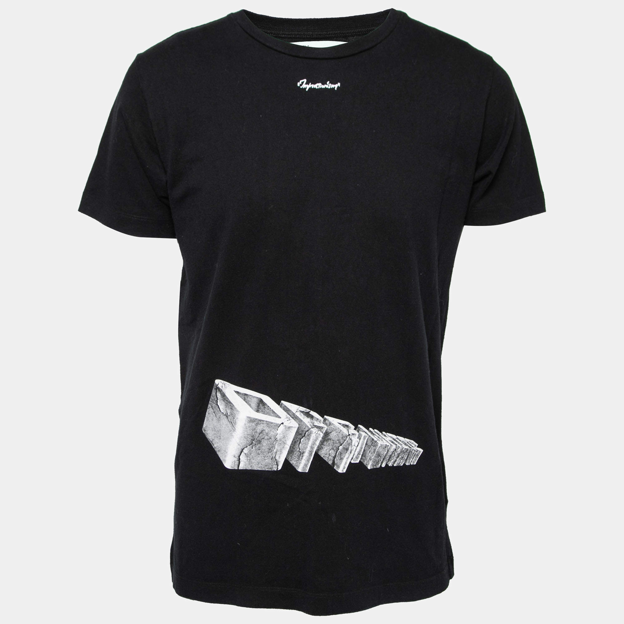 Pre Owned تي شيرت أوف وايت قطن أسود مطبوع برقبة مستديرة مقاس متوسط - ميديوم