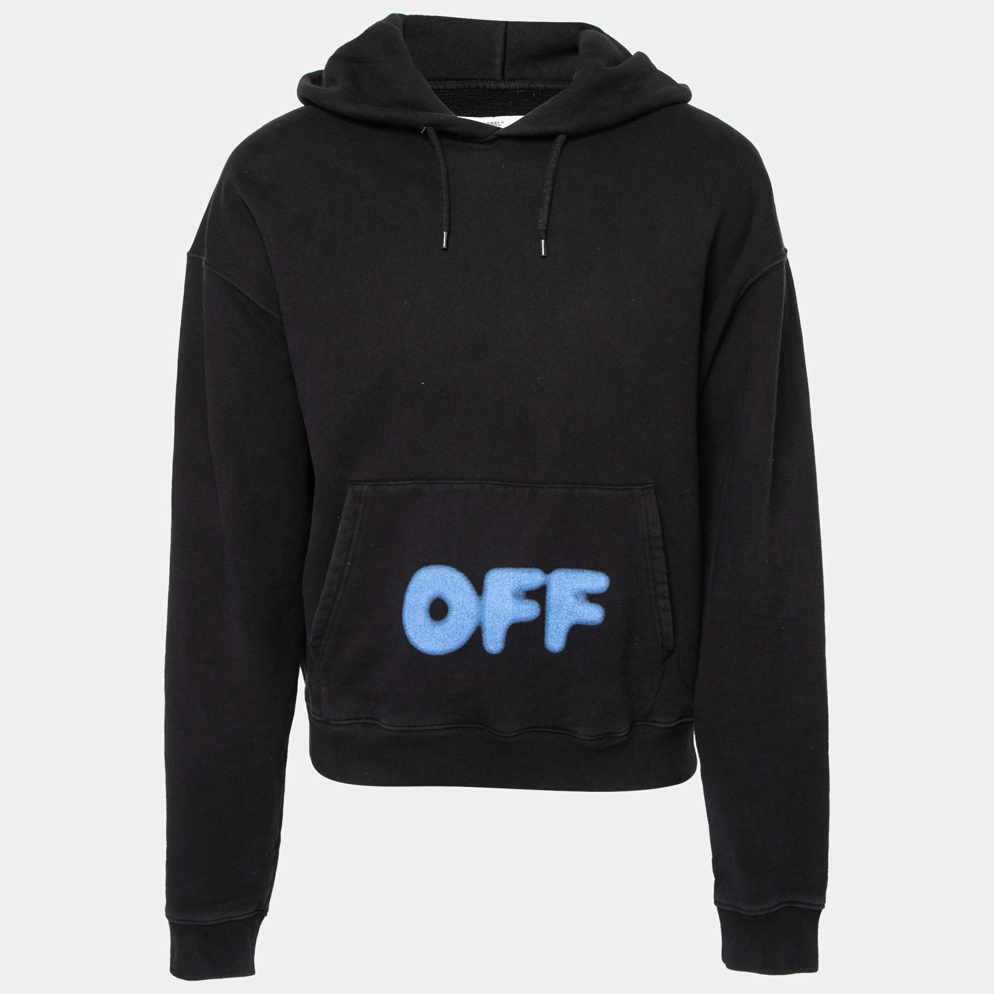 Pre Owned Off-White Black Cotton Blurred Logo Printed Long Sleeve Hoodie M