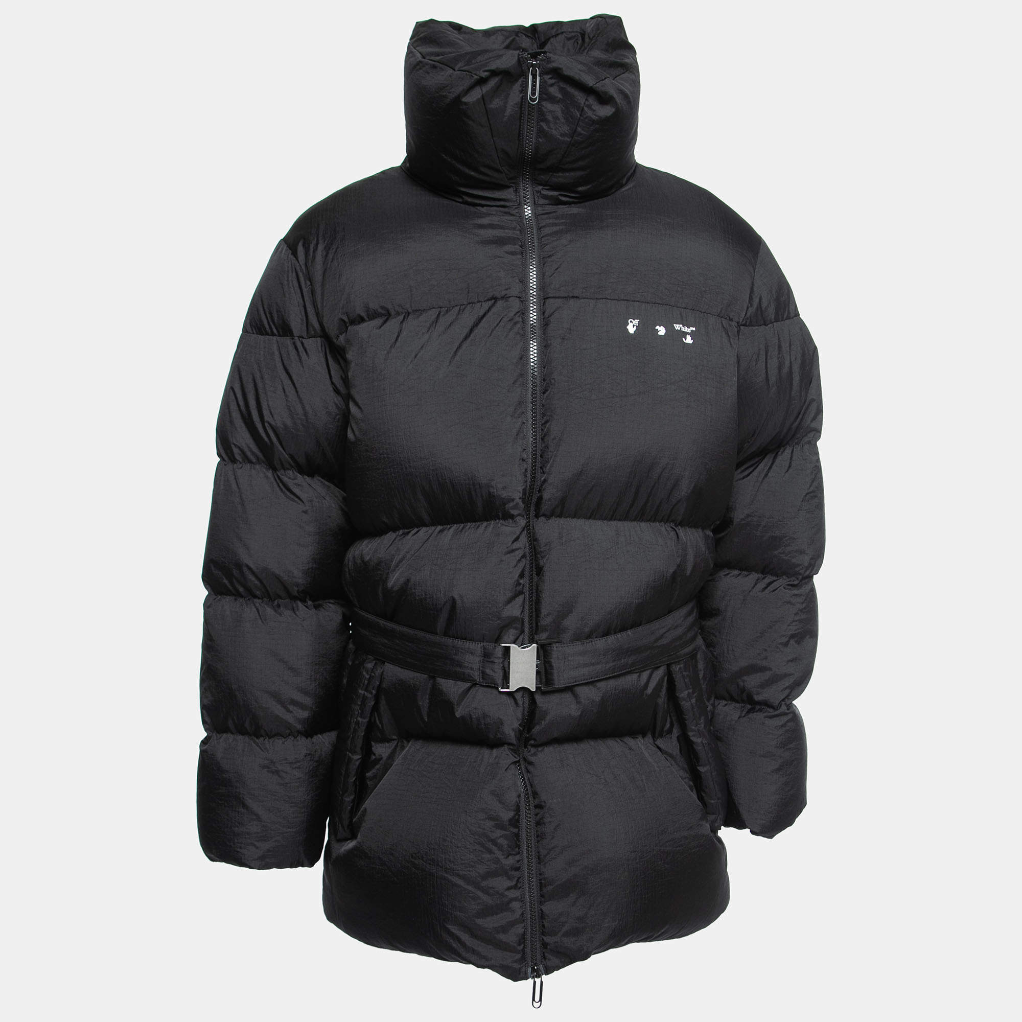 Off-White Black Synthetic Logo Print Down Puffer Jacket XS